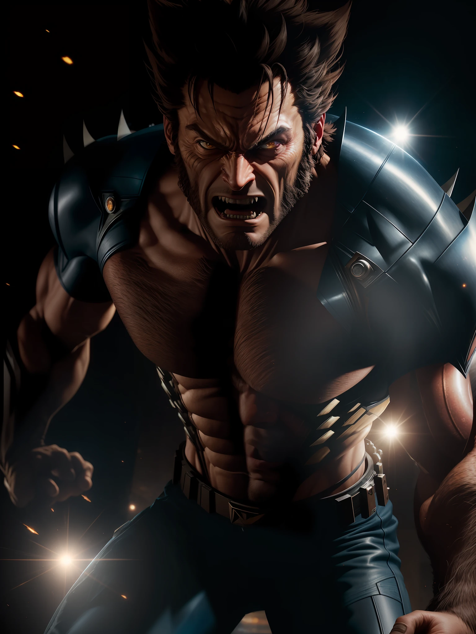 Scene from Movie, Wolverine from Marvel Close-Up Shot, Distorted Space, Distorted Undead in the Background, Lens Flares, Light Shafts, Intricate Details, High Detailed, Volumetric Lighting, 4k Rendering, Stock Photo, Hyper-Realistic, Realistic Textures, Dramatic Lighting, Unreal Engine
