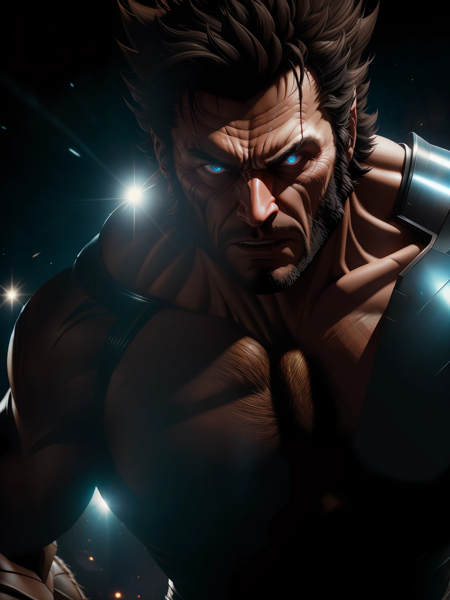 Scene from Movie, Wolverine from Marvel Close-Up Shot, Distorted Space, Distorted Undead in the Background, Lens Flares, Light Shafts, Intricate Details, High Detailed, Volumetric Lighting, 4k Rendering, Stock Photo, Hyper-Realistic, Realistic Textures, Dramatic Lighting, Unreal Engine