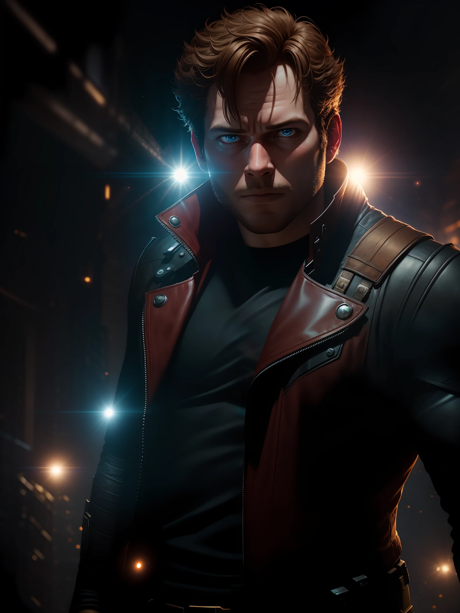 Movie scene, Star Lord from Marvel close-up shot, distorted space, distorted undead in the background, lens flares, light shafts, intricate details, highly detailed, volumetric lighting, 4k rendering, stock photo, hyper-realistic, realistic textures, dramatic lighting, Unreal Engine