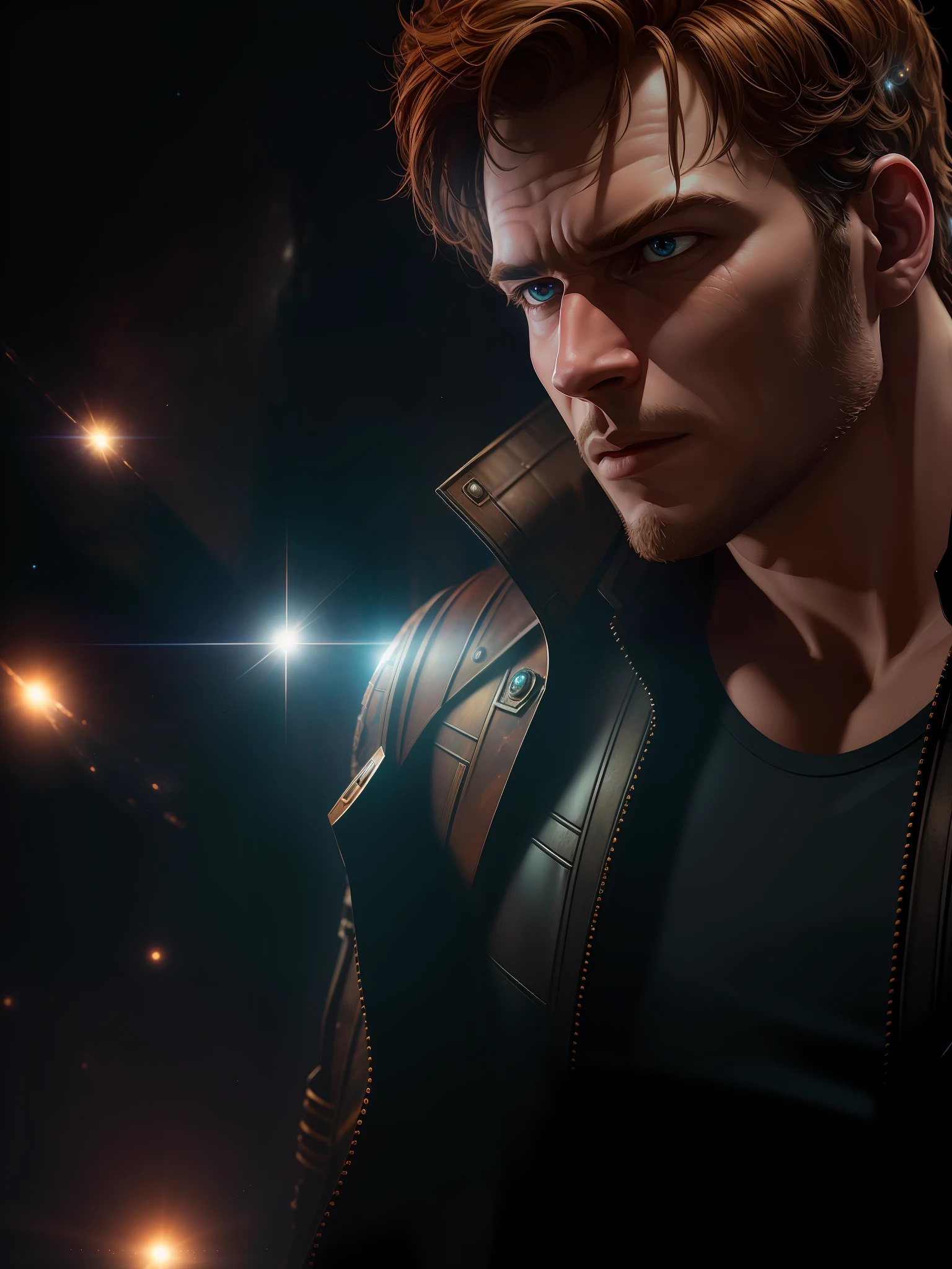 Movie scene, Star Lord from Marvel close-up shot, distorted space, distorted undead in the background, lens flares, light shafts, intricate details, highly detailed, volumetric lighting, 4k rendering, stock photo, hyper-realistic, realistic textures, dramatic lighting, Unreal Engine