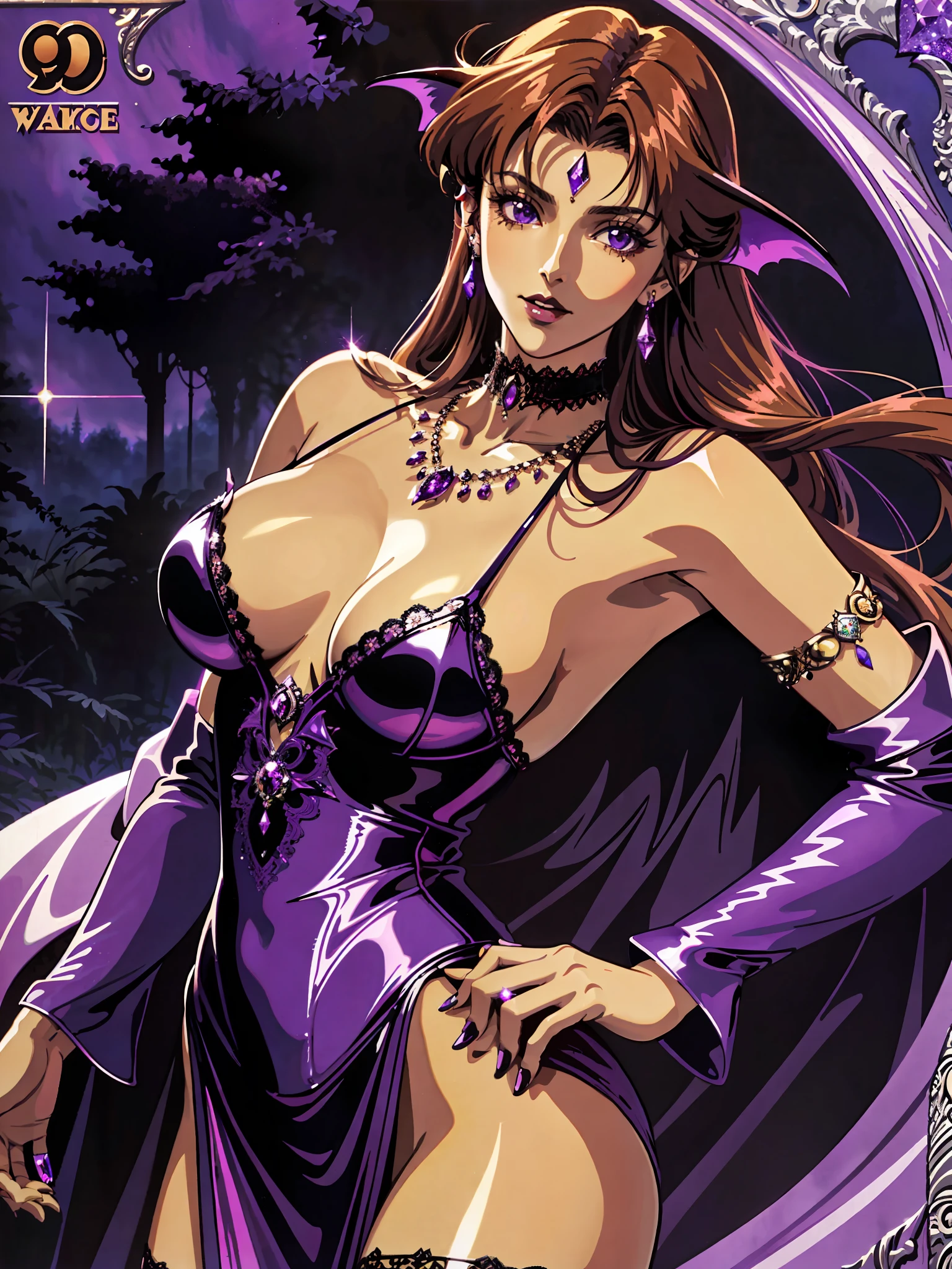 (tanned lustrous) vampire, (masterpiece), intricate details, retro, ((1999s anime)), ((best quality)), (purple gothic chateau in a forest at night), (gothic long tight sparkly) shiny [purple orange dress], vampiric ears bat, detailed lace, (natural stones) jewelry, (dark brown lips), choker, slim-thick, extremely detailed, covered, dynamic pose