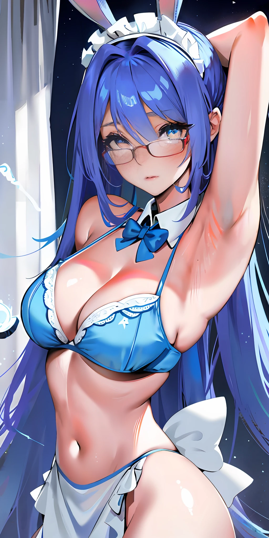 Long hair coiled, butterflies on background, white gauze headdress, big eyes blue, serious, blushing, angel, light hitting face, maid bikini clothes, place bed, damp, expecting something to happen, royal sister, Medusa, glasses, teacher, exposed armpits, upper body, red sweating, prominent look, hair shoulder-length, cute style, rabbit ears, late night outskirts, one foot on a stone, ass with tail, looks beautiful girl, combat costume, layered white yarn