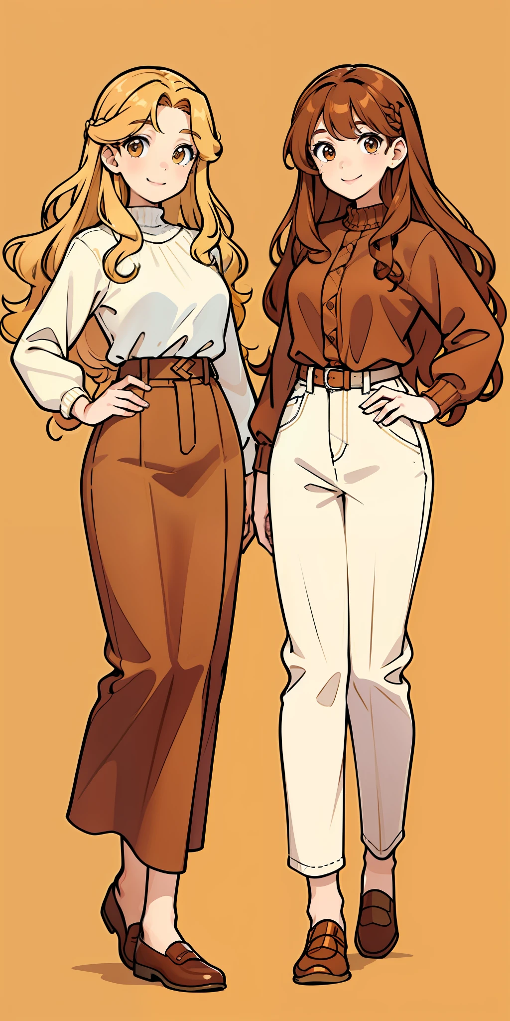 Woman, brown hair, curly hair, long hair, hazel eyes, extremely detailed, smile, casual clothes, same color outfits, full body shot, matching outfits, identical outfits, brown hair, blonde hair, different hair colors, twin sisters