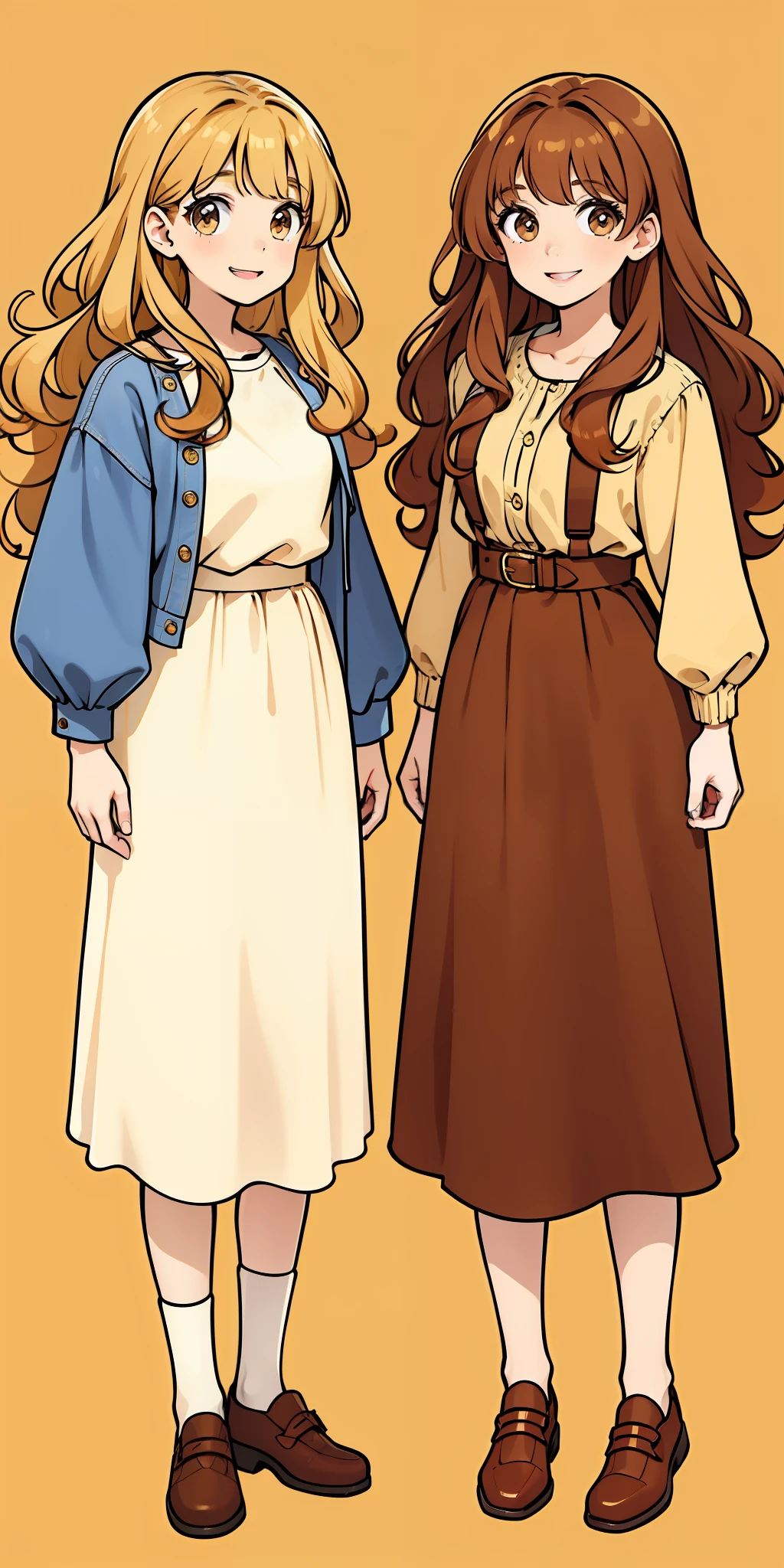 Woman, brown hair, curly hair, long hair, hazel eyes, extremely detailed, smile, casual clothes, same color outfits, full body shot, matching outfits, identical outfits, brown hair, blonde hair, different hair colors, twin sisters