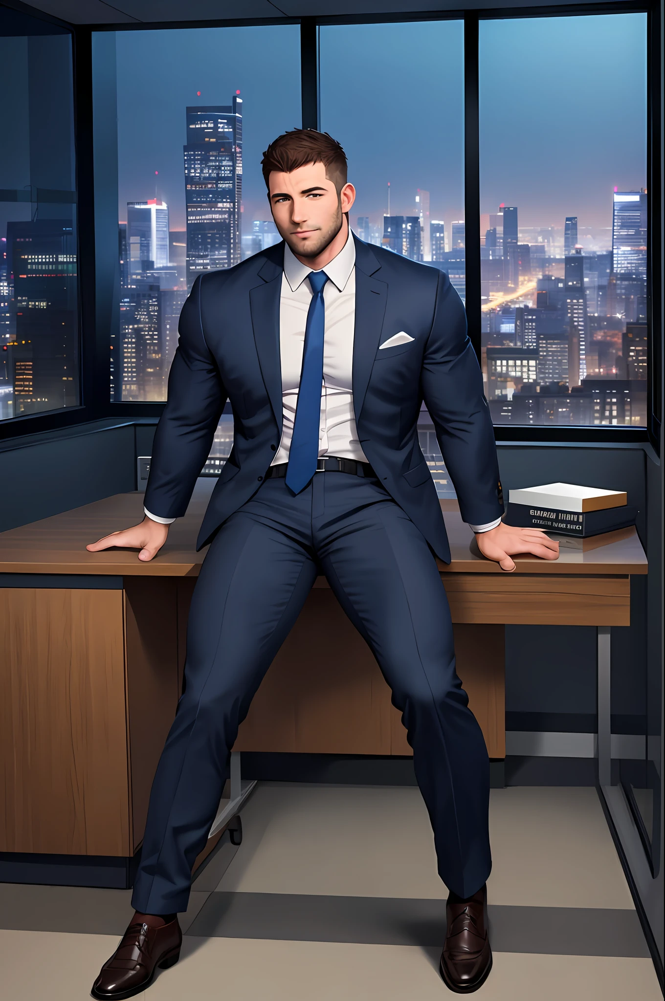 a handsome man sitting in the office,crew cut,business suit,windows,cityscape,full body,mature male,[plump],[chris redfield],