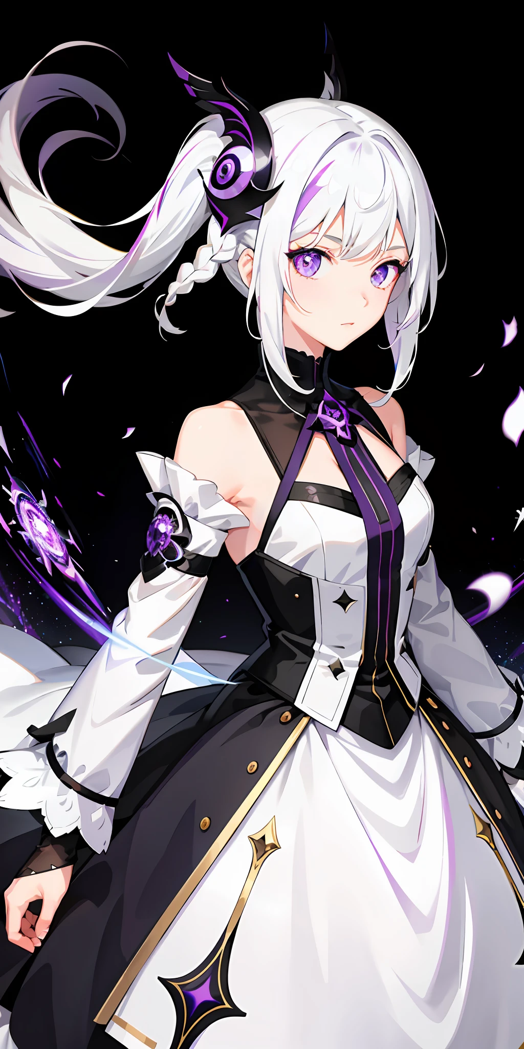 1girl, white hair, multicolored hair, purple eyes, mask on head, sidelighting, light particles, wallpaper,