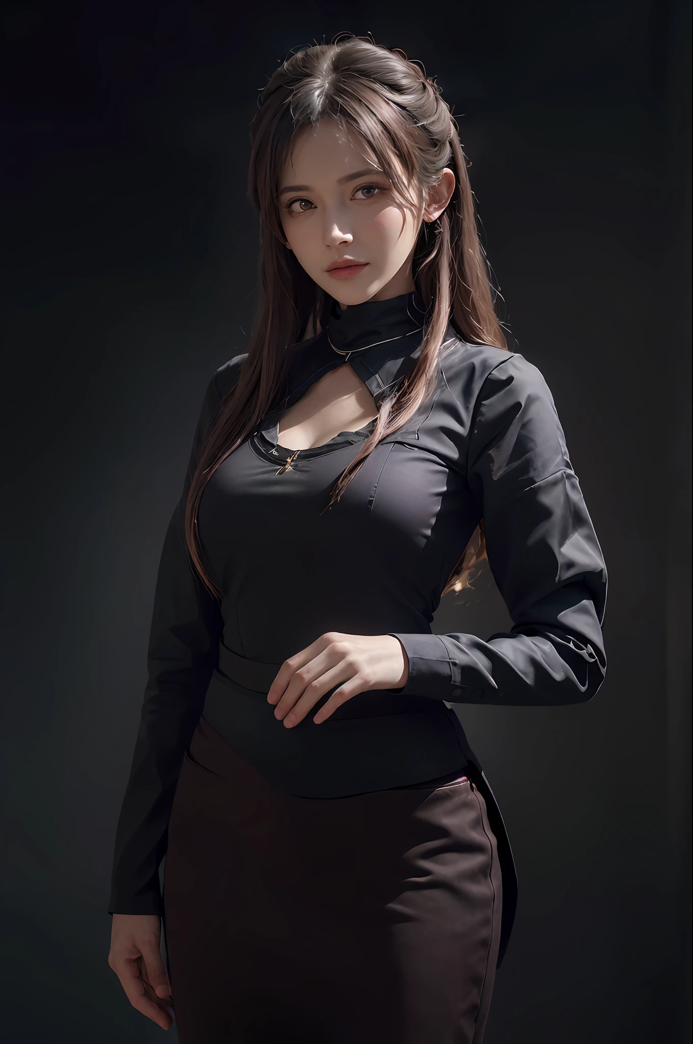 (front focus), (in the dark:1.6), Hyperrealist portrait of female by david hockney and alphonse mucha, fantasy art, photo realistic, dynamic lighting, artstation, poster, volumetric lighting, very detailed faces, 4 k, award winning, 1girl, in the dark, deep shadow, low key, cowboy shot, (official clothing:1.4), long hair, white hair