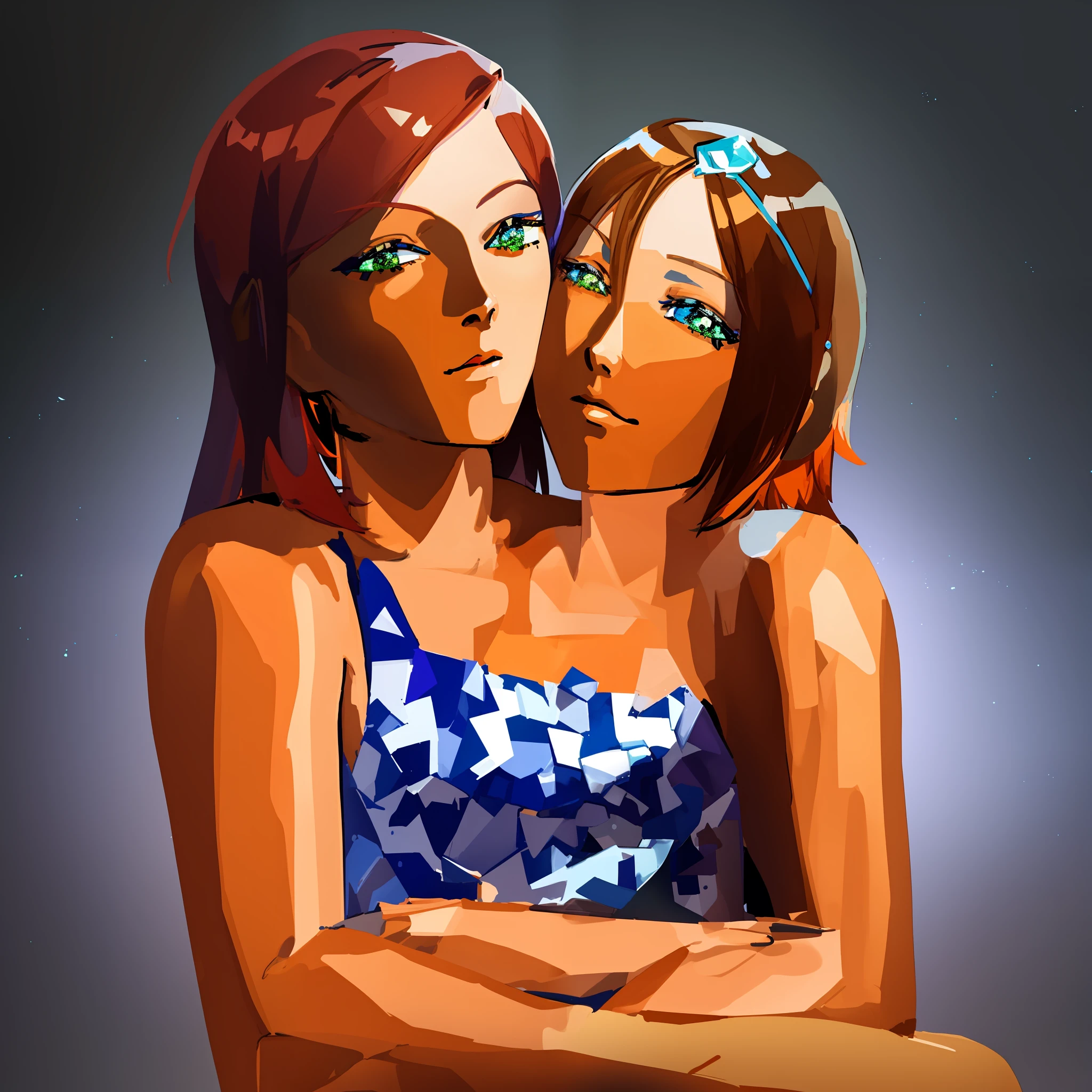 masterpiece, best quality, !!gwendolyn_tennyson!!, short orange hair, blue hairclip, green eyes, two heads, conjoined, !!two heads on one body!!, conjoined twins, crossed arms, blue dress, two heads on one body, red nail polish, sitting down,