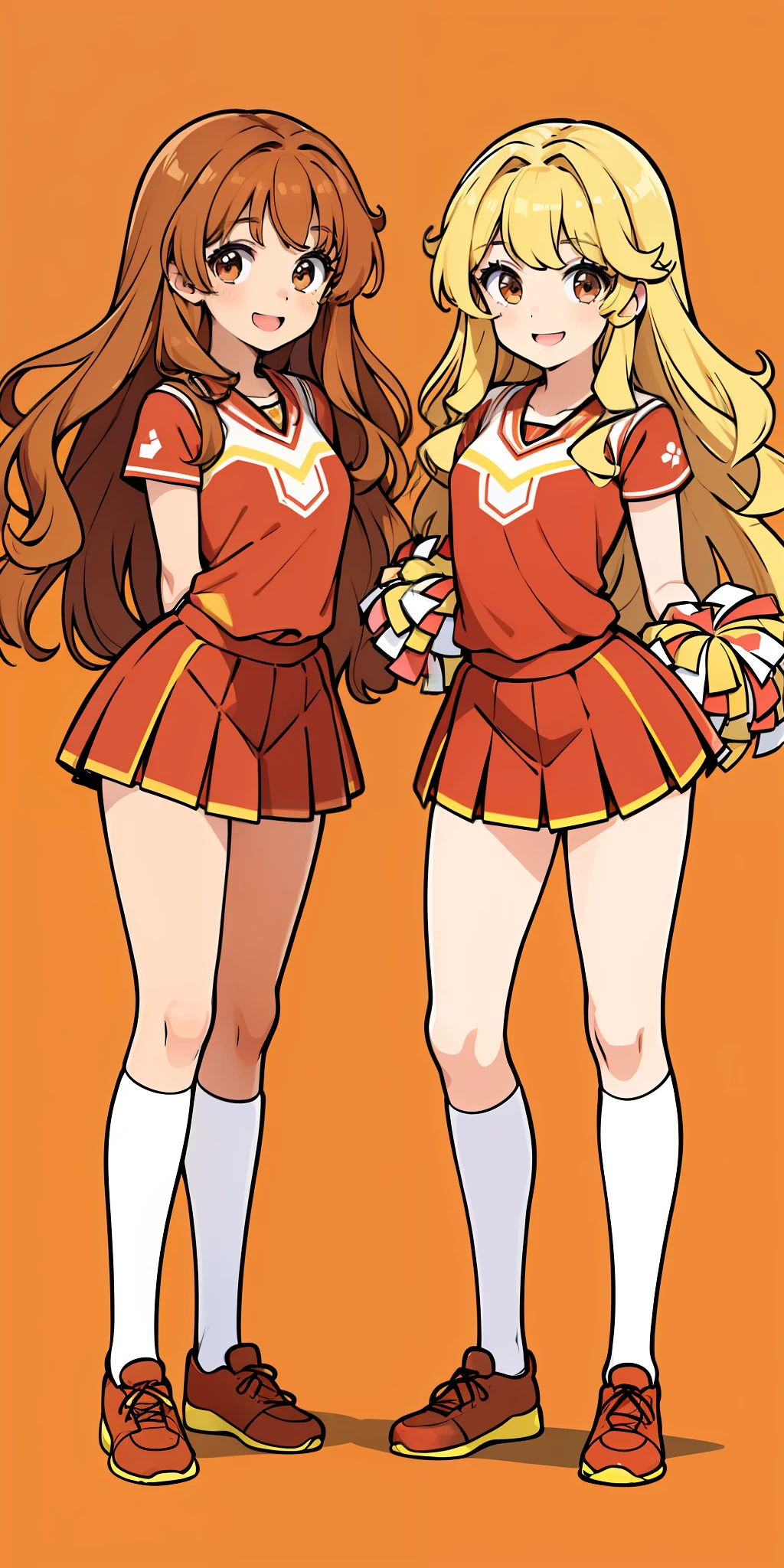 Woman, brown hair, curly hair, long hair, hazel eyes, extremely detailed, smile, cheerleader, same color outfits, full body shot, matching outfits, identical outfits, brown hair, blonde hair, different hair colors, twin sisters