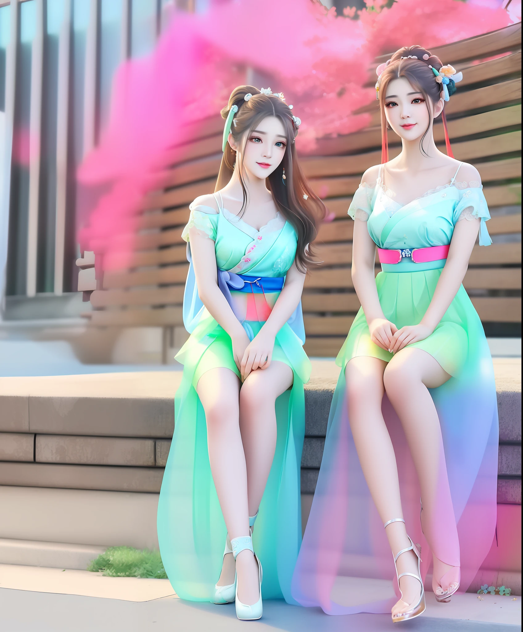 High detail, 8k resolution, super high resolution, a temperament royal sister, sexy woman, rainbow bright long hair, colorful clear eyes, wearing colorful flowers, (smooth hair, collarbone, delicate and perfect facial features The most beautiful big eyes, long eyelashes, sweet eyes with lying silkworms, smile, clear face, complete, dynamic angle, ultimate picture quality, the highest precision, precise and perfect human body structure, (embroidered Hanfu), (light green lace translucent short skirt)), hair with accessories, panorama, full body photo, Sitting on the stool sideways, lively and cute.