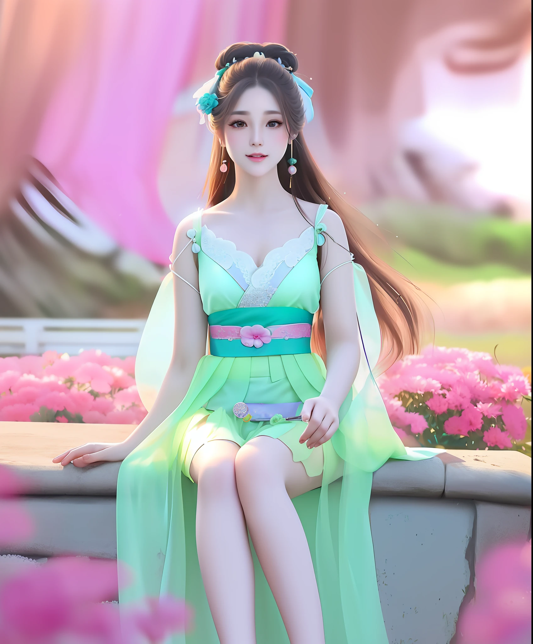 High detail, 8k resolution, super high resolution, a temperament royal sister, sexy woman, rainbow bright long hair, colorful clear eyes, wearing colorful flowers, (smooth hair, collarbone, delicate and perfect facial features The most beautiful big eyes, long eyelashes, sweet eyes with lying silkworms, smile, clear face, complete, dynamic angle, ultimate picture quality, the highest precision, precise and perfect human body structure, (embroidered Hanfu), (light green lace translucent short skirt)), hair with accessories, panorama, full body photo, Sitting on the stool sideways, lively and cute.