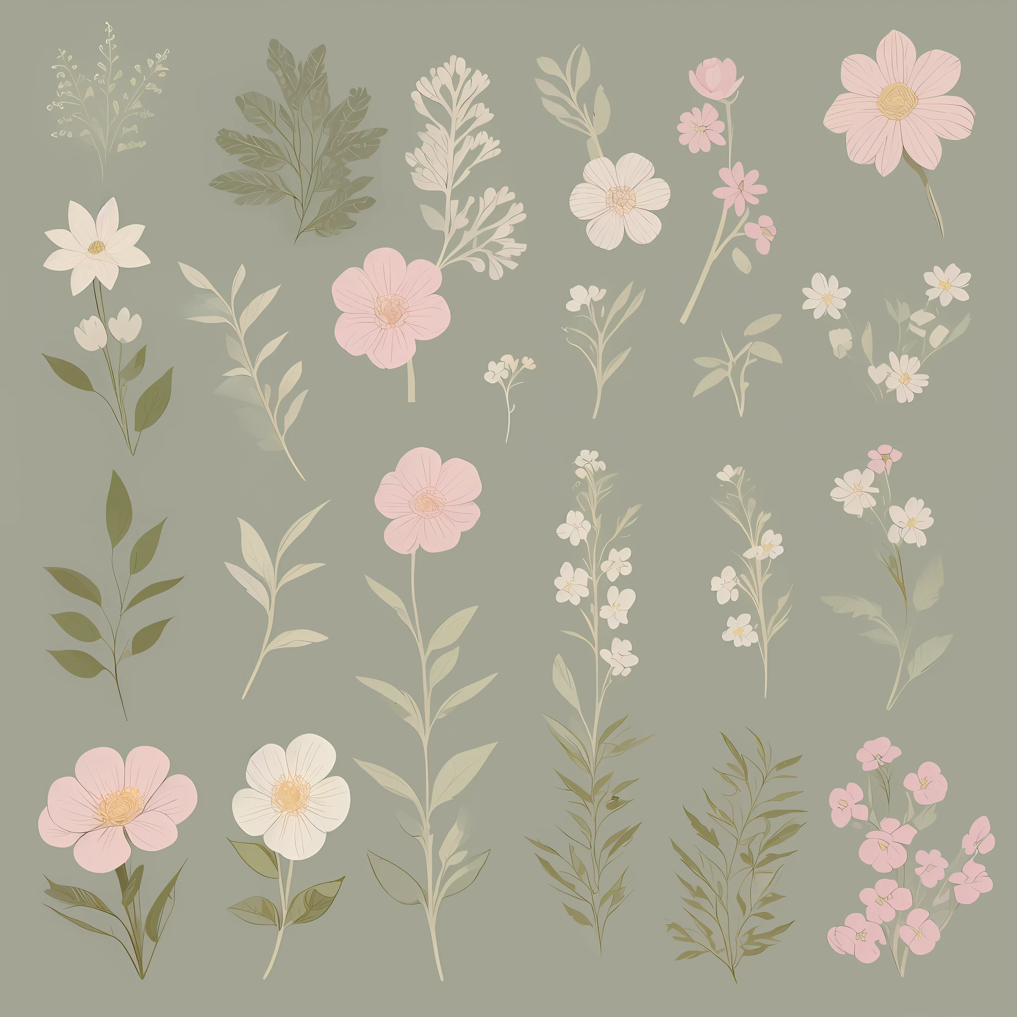 Small flower pattern label style, flat style, vector style, drawing style, naïve style, in very soft pastel colors such as old pink, moss green, light blue, beige, light yellow, ivory white. WHITE BACKGROUND