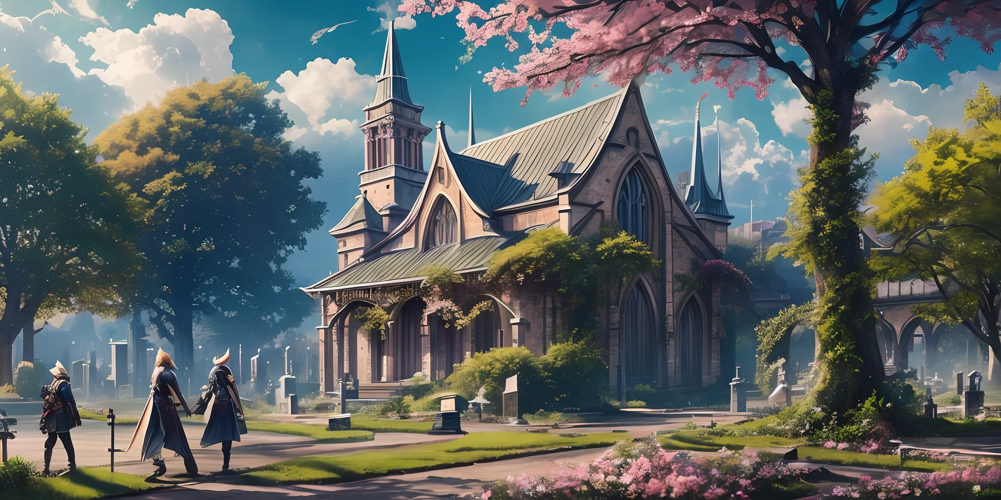 Masterpiece, final fantasy XIII style city, high quality, extremely detailed CG 8k unit wallpaper, landscape, church, streets, cemetery, shop, forest, sky, cloud, sky, city dweller, landscape, water, tree, blue sky,,, nature, overcast sky, award-winning photography, bokeh, depth of field, HDR, bloom, chromatic aberration, photorealism, very detailed, trend in artstation, trend in CGsociety, intricate, high detail, dramatic, art in the middle of the journey