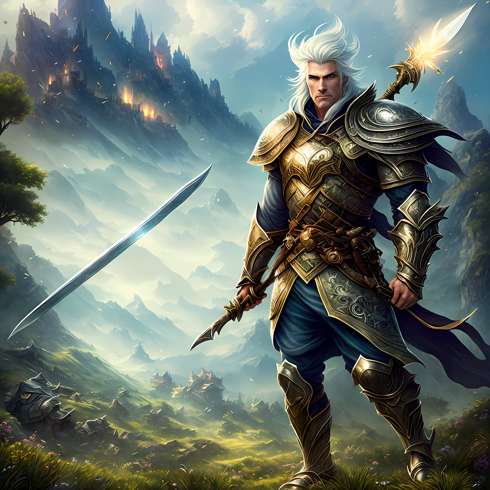 (detailed description)+, (best quality )+,(best illustration)+, a warrior with medium armor, full body, holding a spear and a shield, on top of a hillside, magical explosions on the detailed beautiful background, beautiful detailed background, beautiful light and shadow, medium white hair in the wind, tall and muscular, detailed muscles, serious look seductive, temptation, cinematic