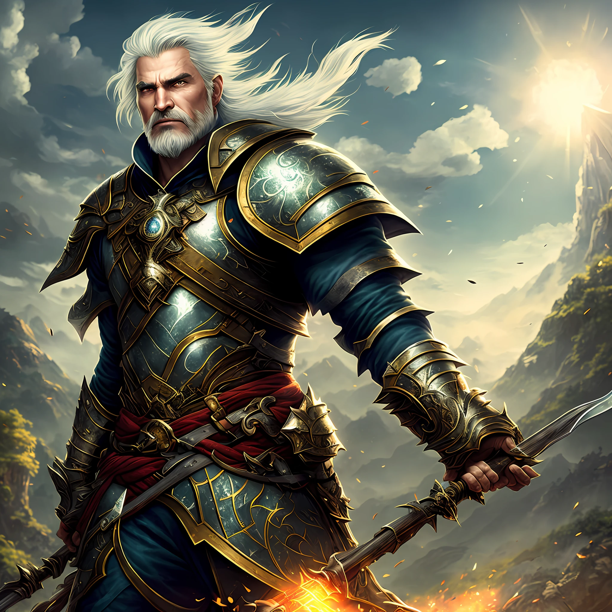 (detailed description)+, (best quality )+,(best illustration)+, a warrior with medium armor, full body, holding a spear and shield, on top of a hillside, magical explosions on the detailed beautiful background, beautiful detailed background, beautiful light and shadow, medium white hair in the wind, tall and muscular, detailed muscles, serious seductive look, temptation, cinematic
