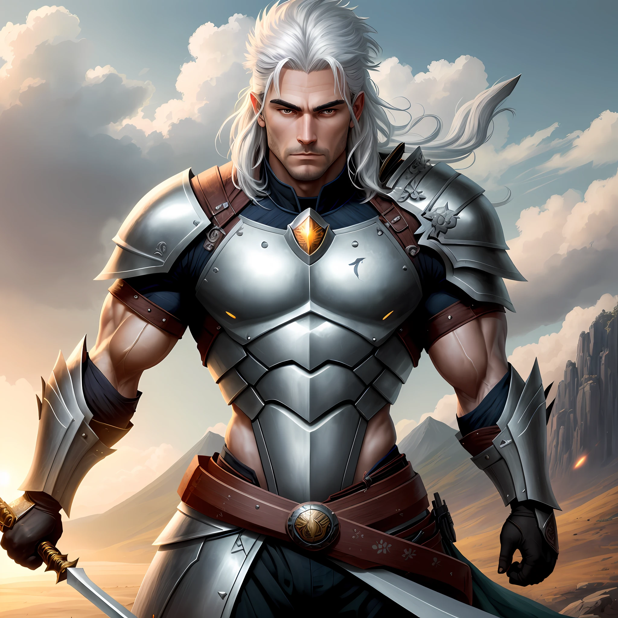 (detailed description)+, (best quality )+,(best illustration)+, a warrior with medium armor, full body, a spear in his right hand, a medium shield in his left hand, on top of a hillside, magical explosions in the detailed beautiful background, beautiful detailed background, beautiful light and shadow, medium white hair in the wind, tall and muscular, detailed muscles, serious seductive look, temptation, kinematic