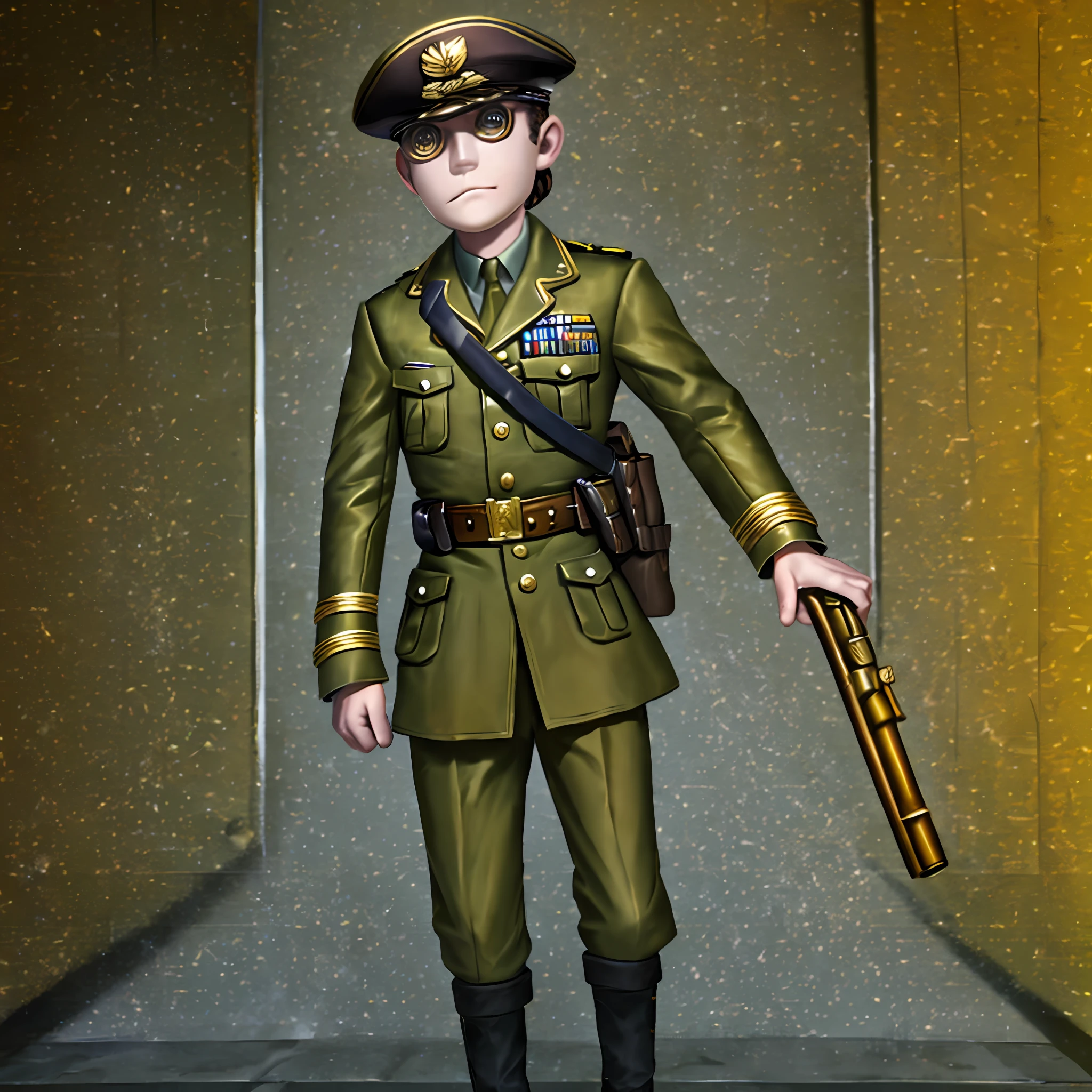 Masterpiece, high quality, young boy, ocher knee-length military uniform, holding a pistol in hand, brown small beret, facing forward, looking at camera, full body, center of screen