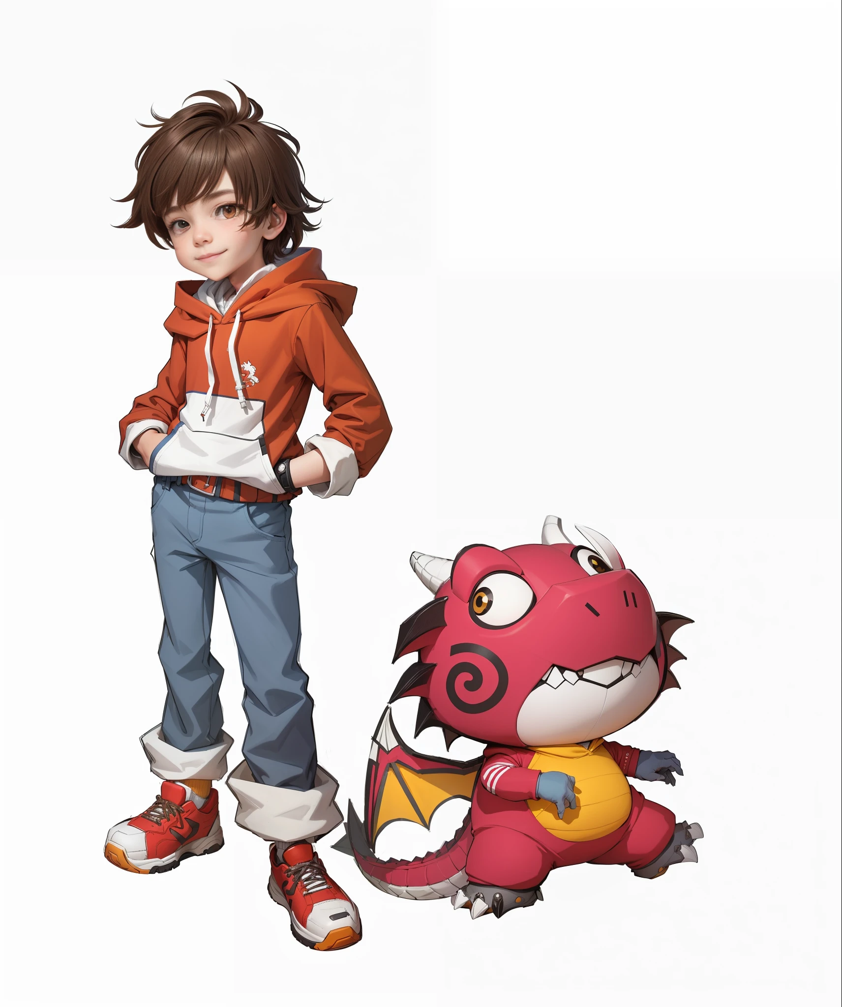 A cool boy and a dragon, boy brown hair, band-aid on nose, red hoodie, pocket white, cuffs white, hands in pockets, blue pants, pant leg white, yellow socks, red sneakers, brown sole, smile, full body, dragon is fat, date red, belly yellow, cute, light, white background, perfect fingers,