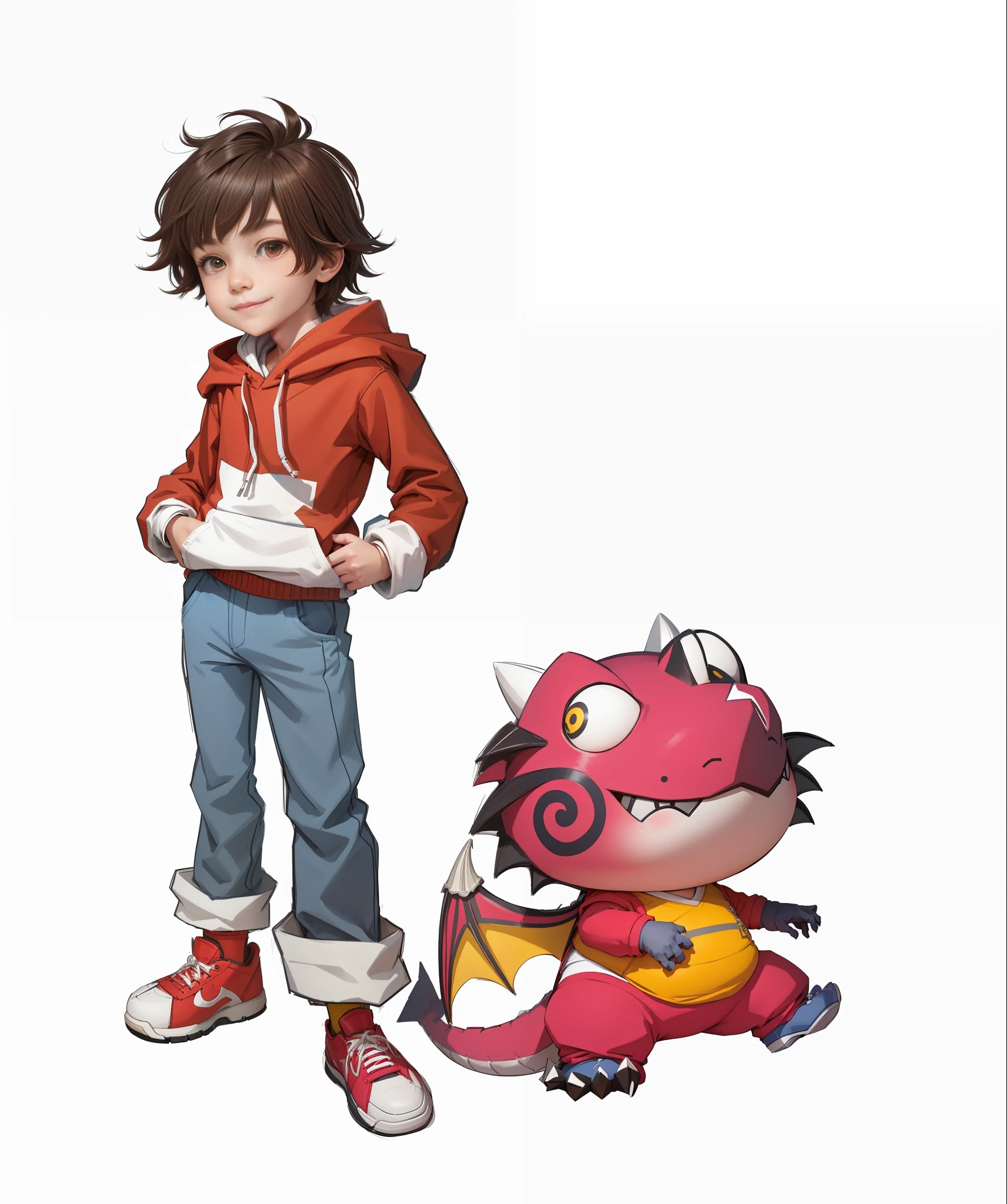A cool boy and a dragon, boy brown hair, band-aid on nose, red hoodie, pocket white, cuffs white, hands in pockets, blue pants, pant leg white, yellow socks, red sneakers, brown sole, smile, full body, dragon is fat, date red, belly yellow, cute, light, white background, perfect fingers,