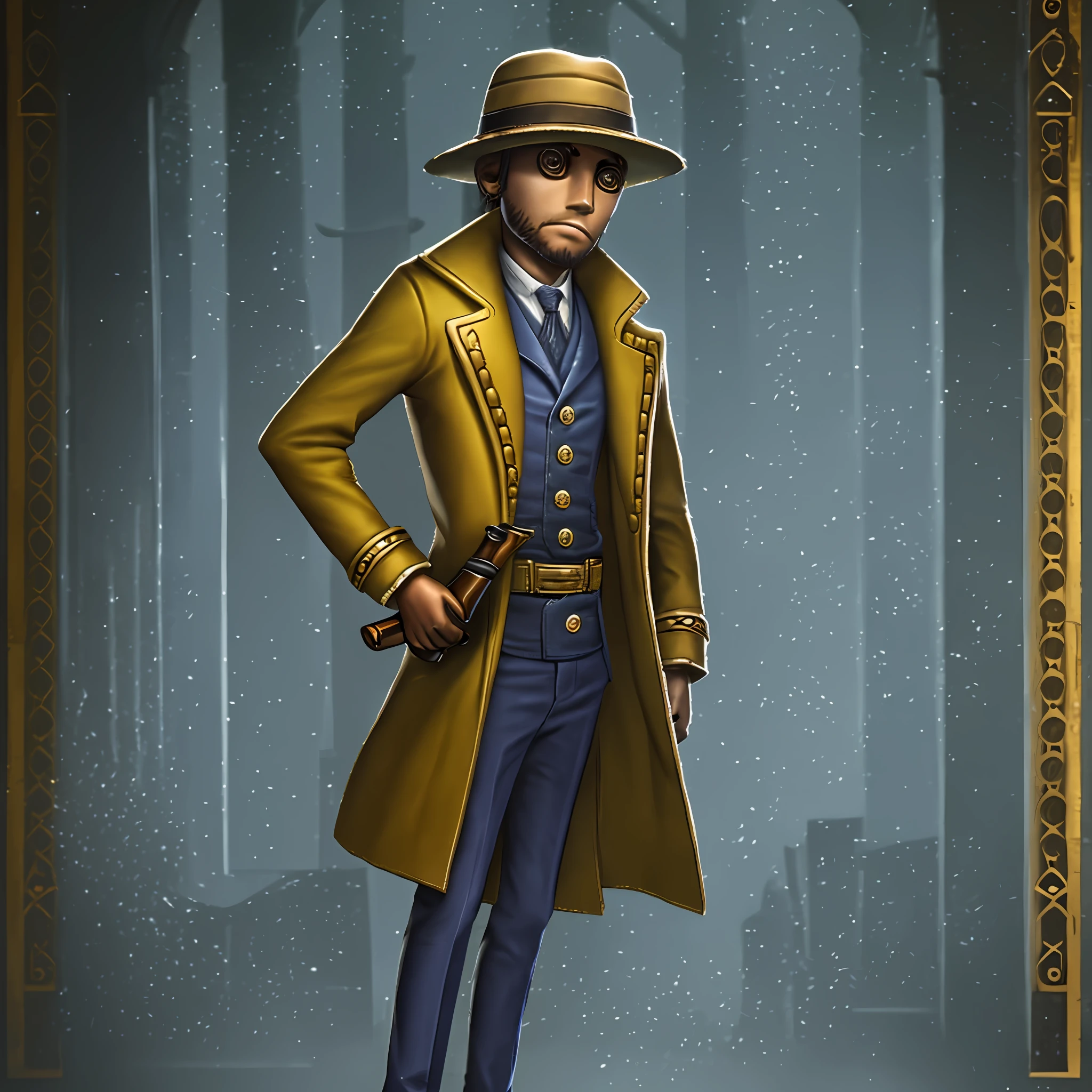 Masterpiece, high quality, young boy, long coat with all the buttons closed in ocher, holding a gun in hand, small brown hat hat, facing the front, looking at the camera, full body, center of the screen