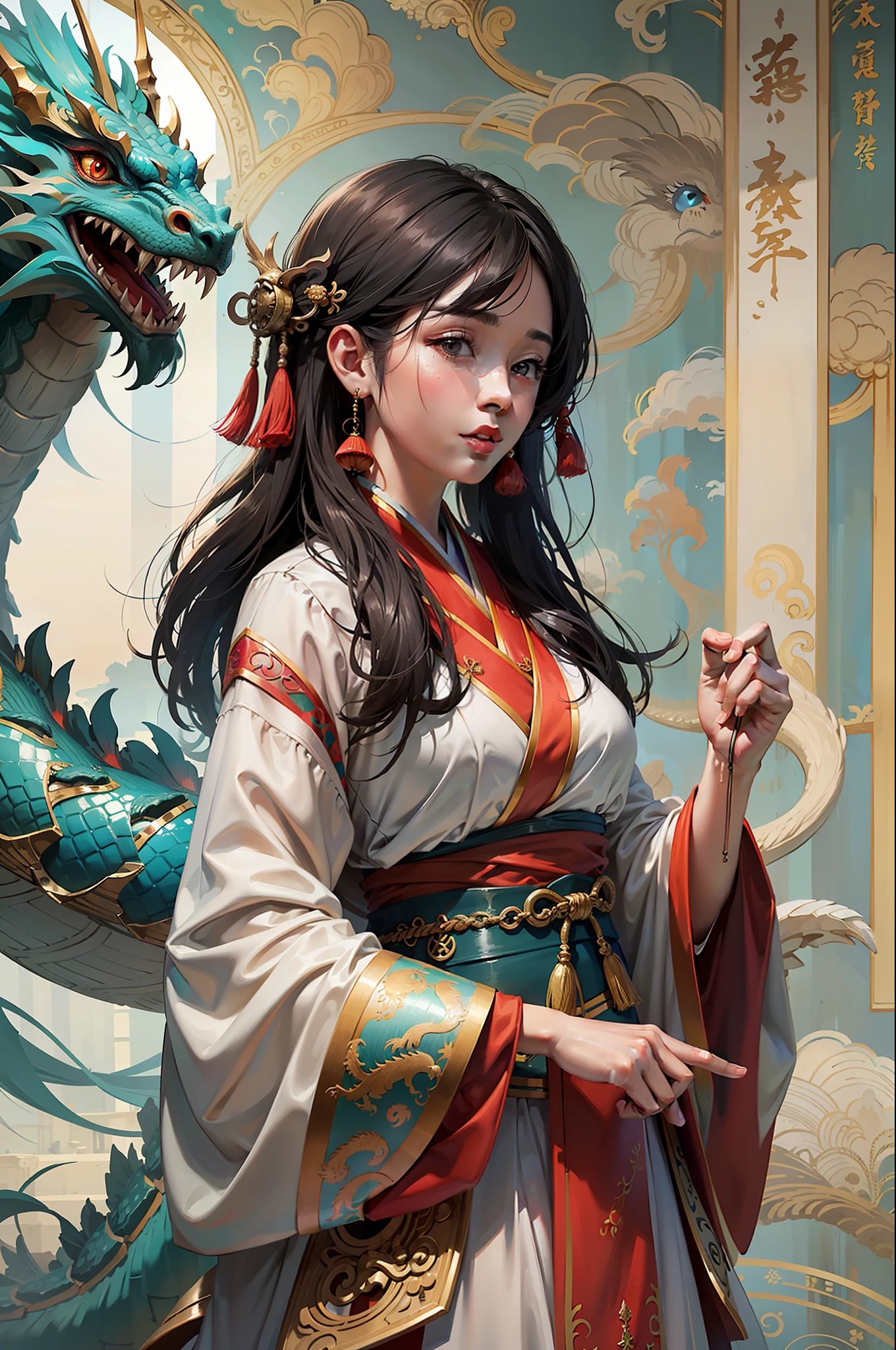 (masterpiece), (best quality), (8k resolution), RAW photo, girl wearing Hanfu, with a huge dragon, (long), huge dragon at background