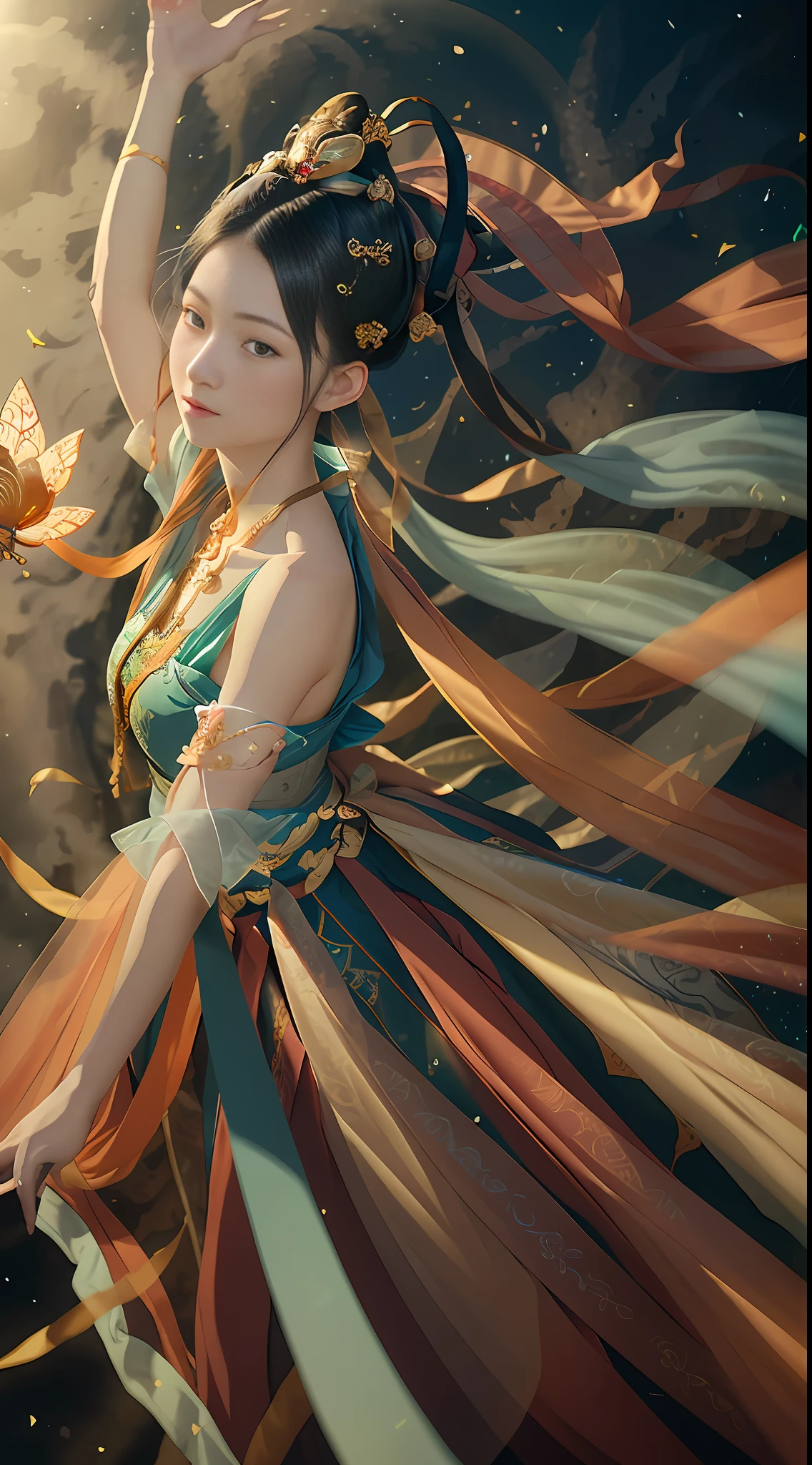 Master masterpiece, a 22-year-old girl, a beautiful flying immortal, Dunhuang flying sky, Dunhuang color matching, exquisite and perfect facial features, fluttering ribbon flying in the air, highest image quality, 16k, ultra-high detail, realism, panoramic lighting, third-person perspective, dynamic pose, full body image, camera shooting, color film