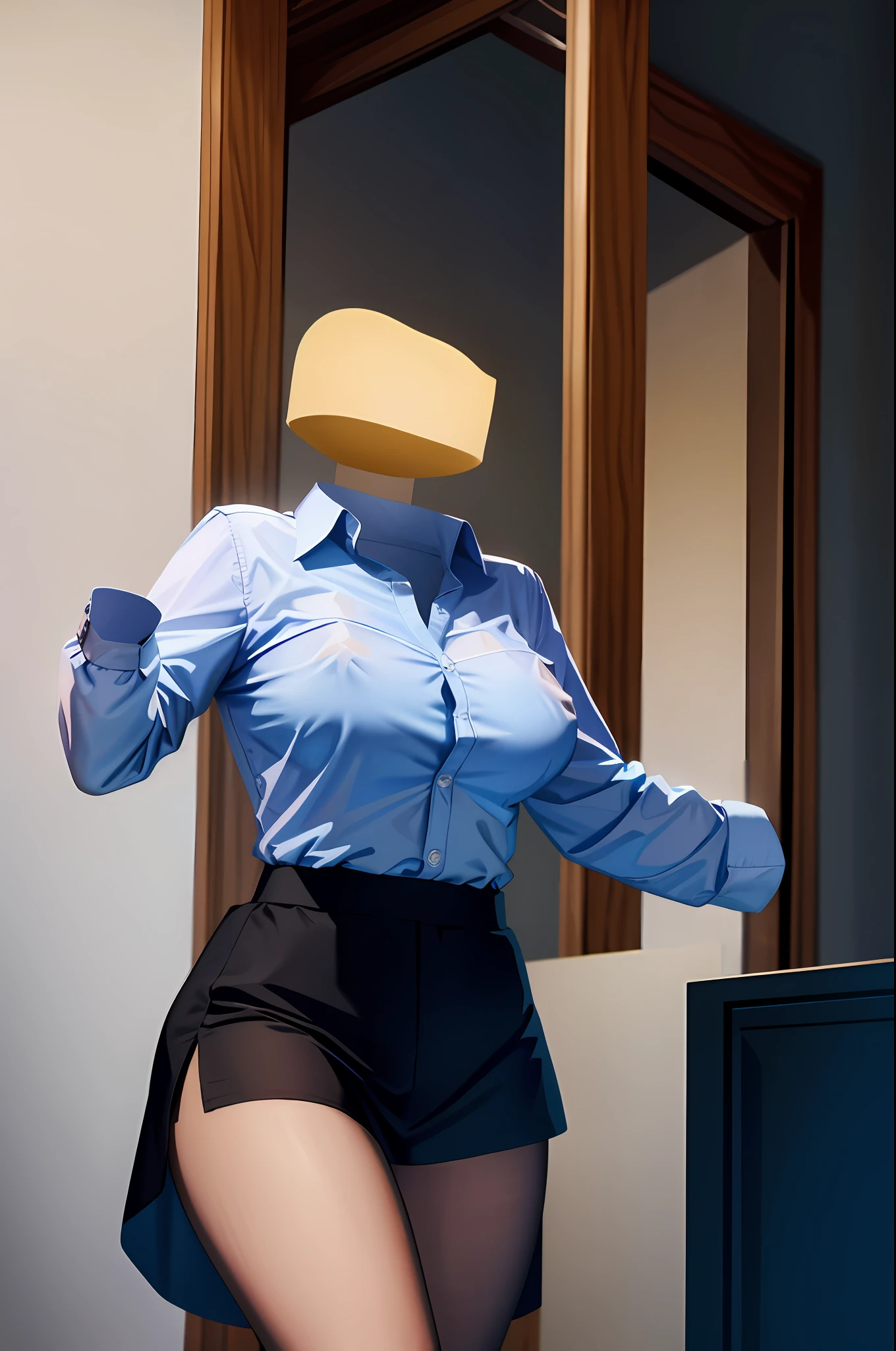 (masterpiece: 1.4), (best quality), (detailed), 1girl, ((invisible)), no humans, no face, no head, no eyes, teacher, large breasts, see-through shirt, visible_nipples, visible bra, from below