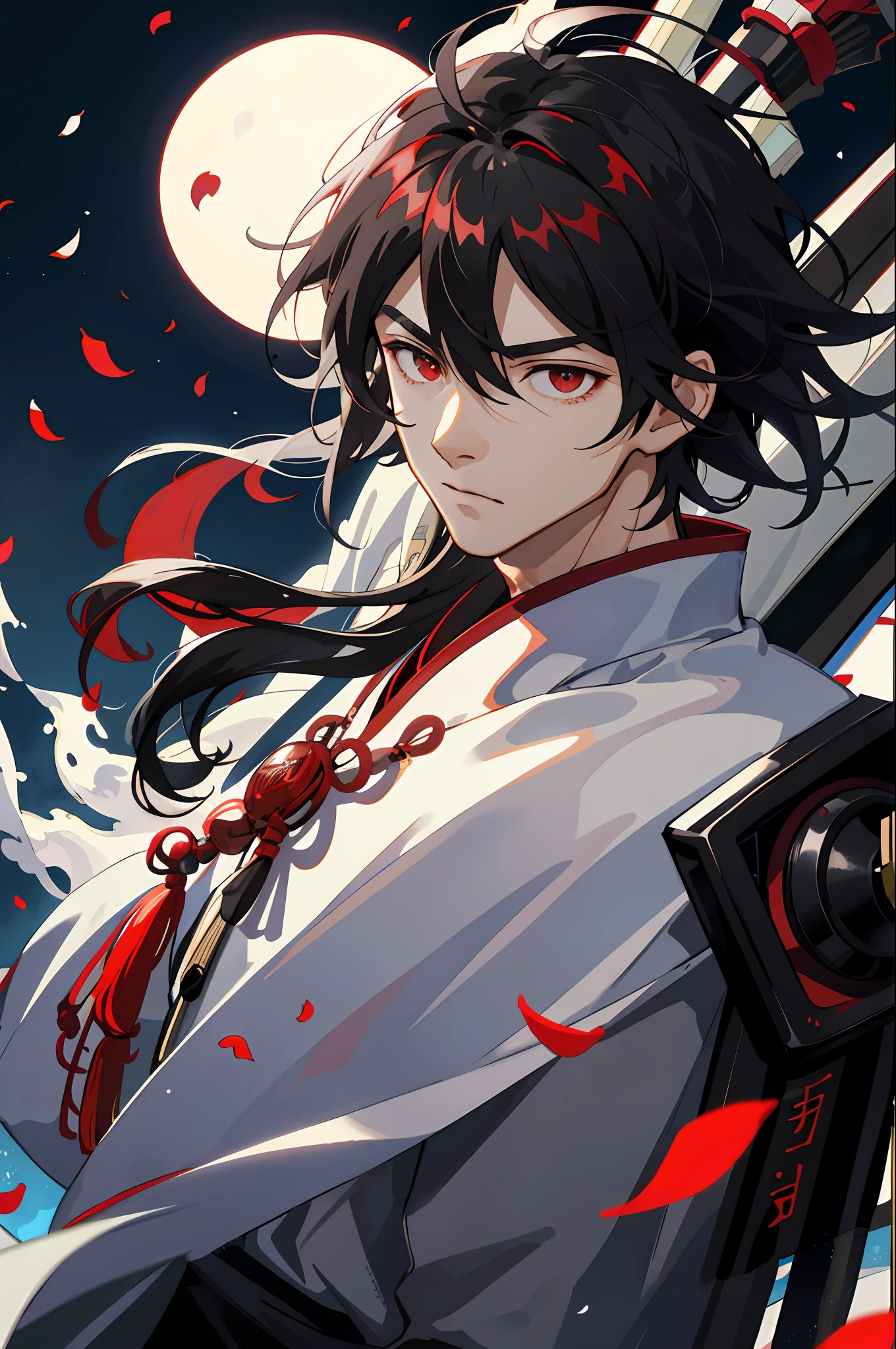 Adult male, strong, red eyes, black hair, windswept hair, resolute eyes, white costume, gorgeous accessories, magic smoke around him, fov, f/1.8, masterpiece, ancient Chinese architecture, night, flower petals flying, front portrait lens, side light, moonlight shining on people, 8K, robot pets