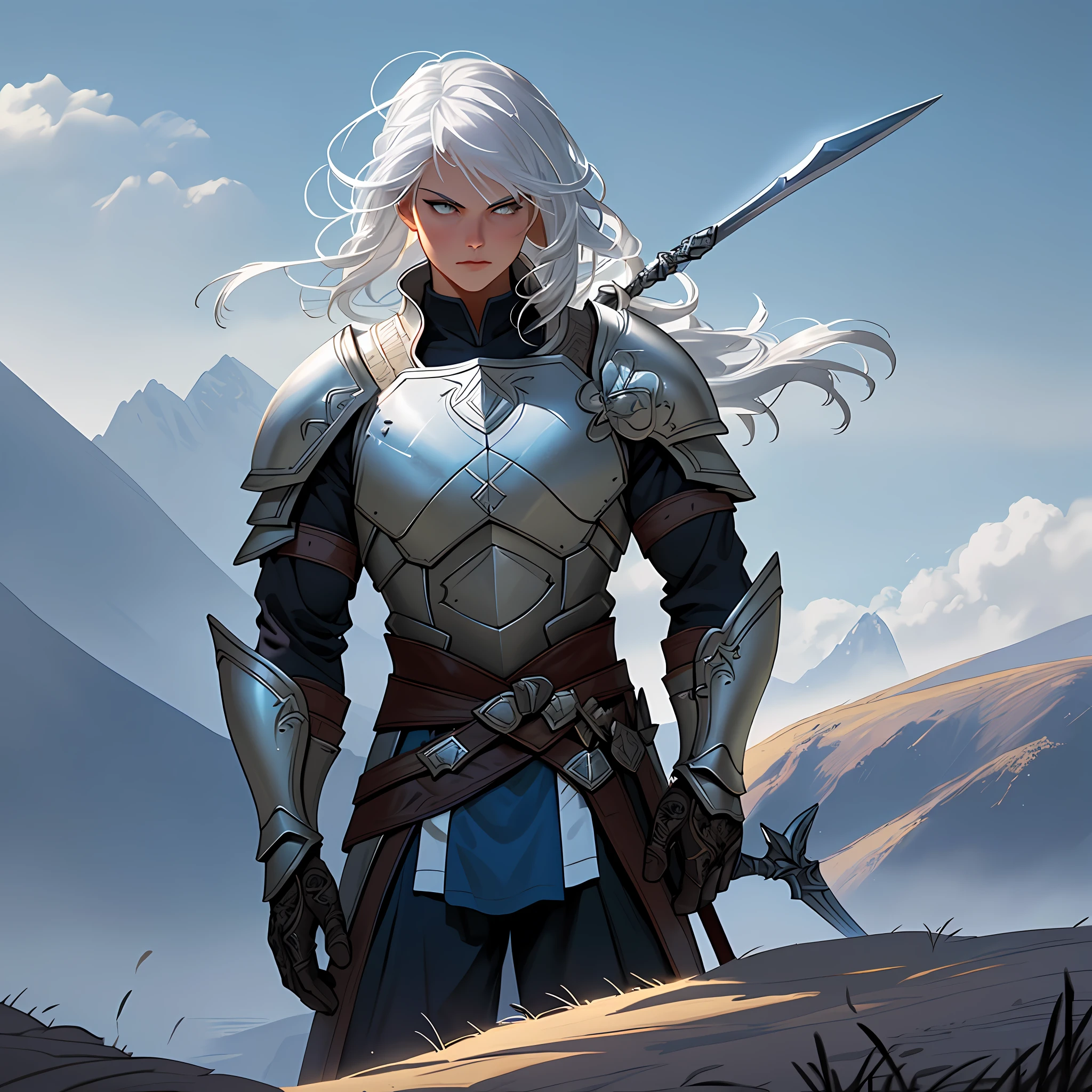 (detailed description)+, (best quality )+,(best illustration)+, a warrior with medium armor, full body, holding a spear and a shield, on top of a hillside, magical explosions on the detailed beautiful background, beautiful detailed background, beautiful light and shadow, medium white hair in the wind, tall and muscular, detailed muscles, serious look seductive, temptation, cinematic