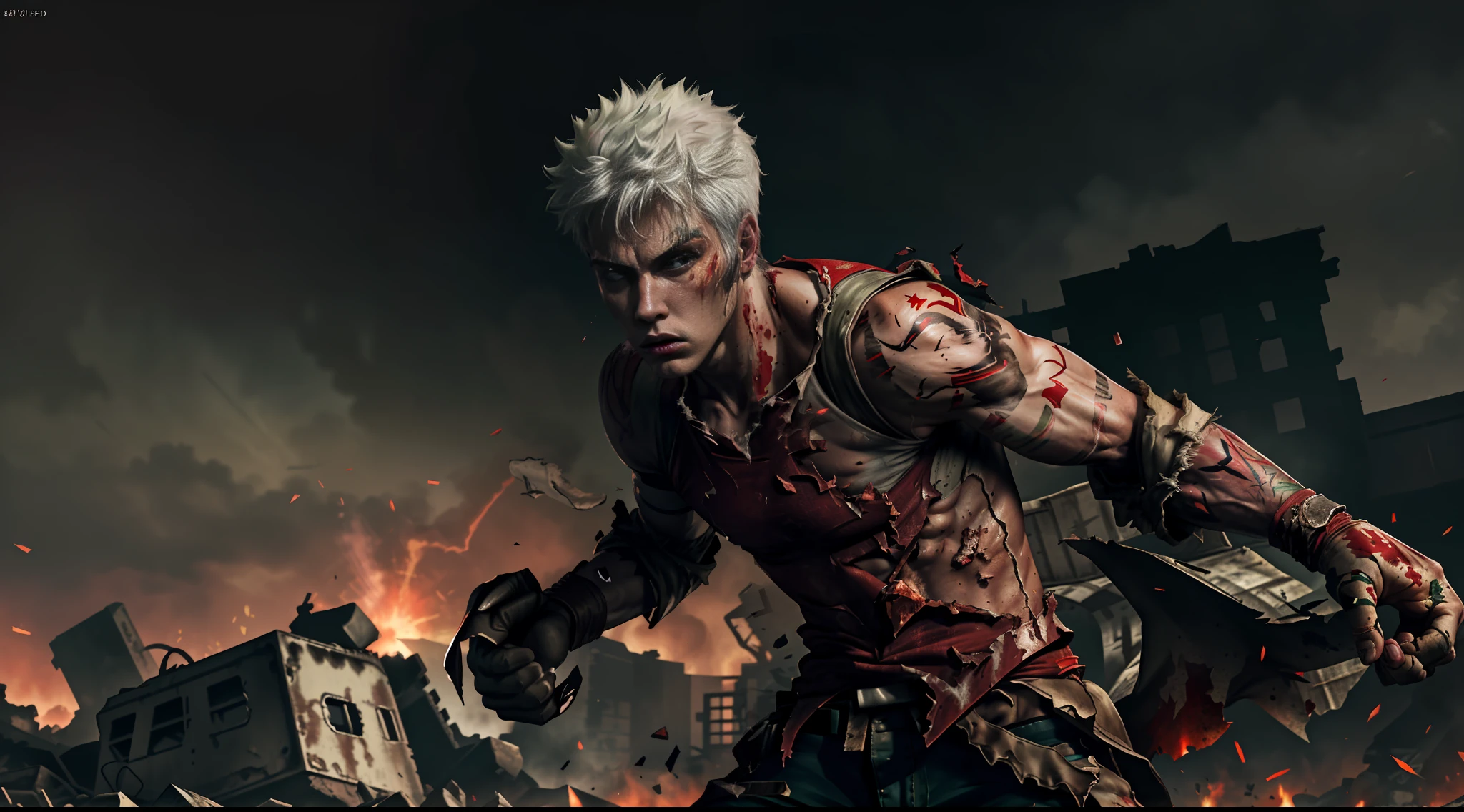 (realistic, epic), ( pov) a young Brazilian (25 years old), stylish white hair, ((fighting, covered by a red glove)), (destroyed everything) (several dead bodies in the background) green shirt and a red shorts, tattoo all over his body, his silhouette is highlighted by the bloody twilight, (1 man) (solo)