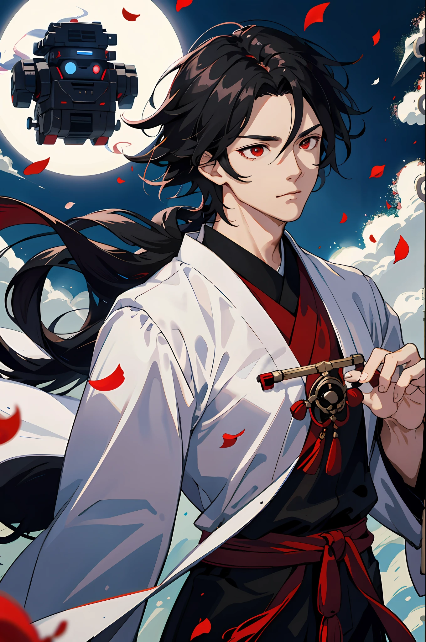 Adult male, strong, red eyes, black hair, windswept hair, resolute eyes, white costume, gorgeous accessories, magic smoke around him, fov, f/1.8, masterpiece, ancient Chinese architecture, night, flower petals flying, front portrait lens, side light, moonlight shining on people, 8K, robot pets