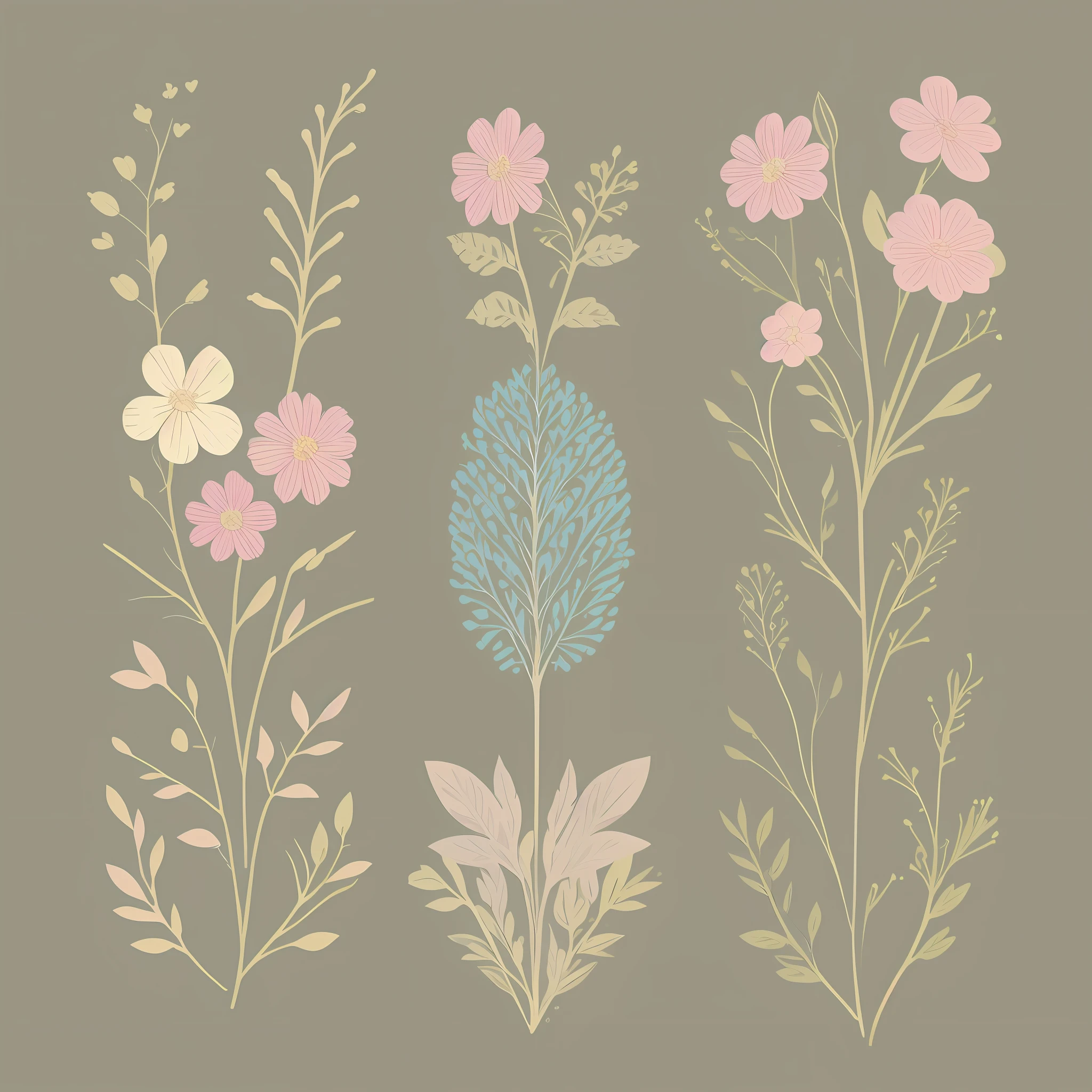 Small flower pattern label style, flat style, vector style, drawing style, naïve style, in very soft pastel colors such as old pink, moss green, light blue, beige, light yellow, ivory white. WHITE BACKGROUND