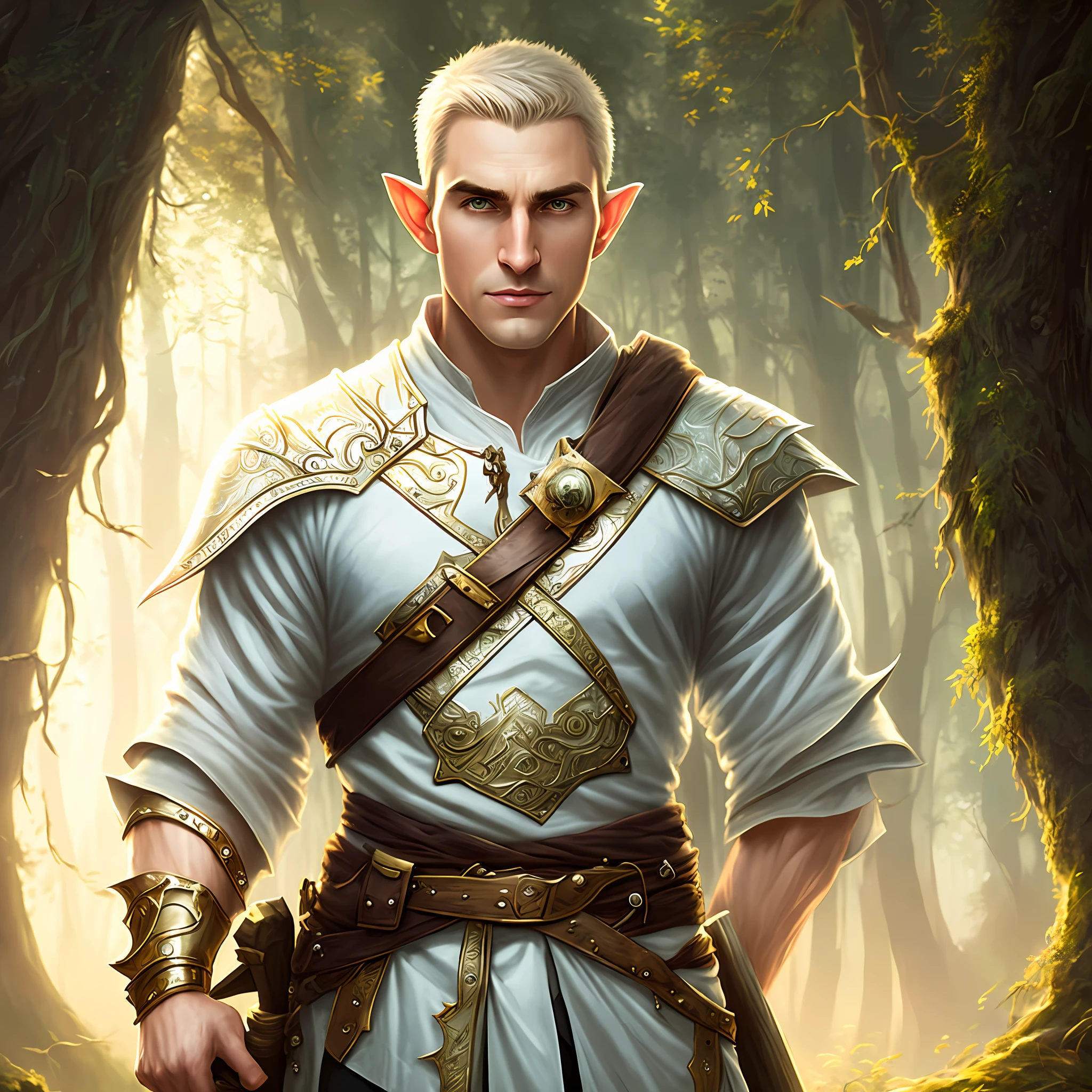 Forest background, DND character, knight, male elf, right hand holding a page hammer, single, young, no beard, white crew cut, 85 kg, portrait, popular on ArtStation, MDJRNY-V4 style, highly detailed portraiture, Highelf, Greg Rutkowski and Alphonse Mucha, sharp focus, matte, concept art, art station, digital painting