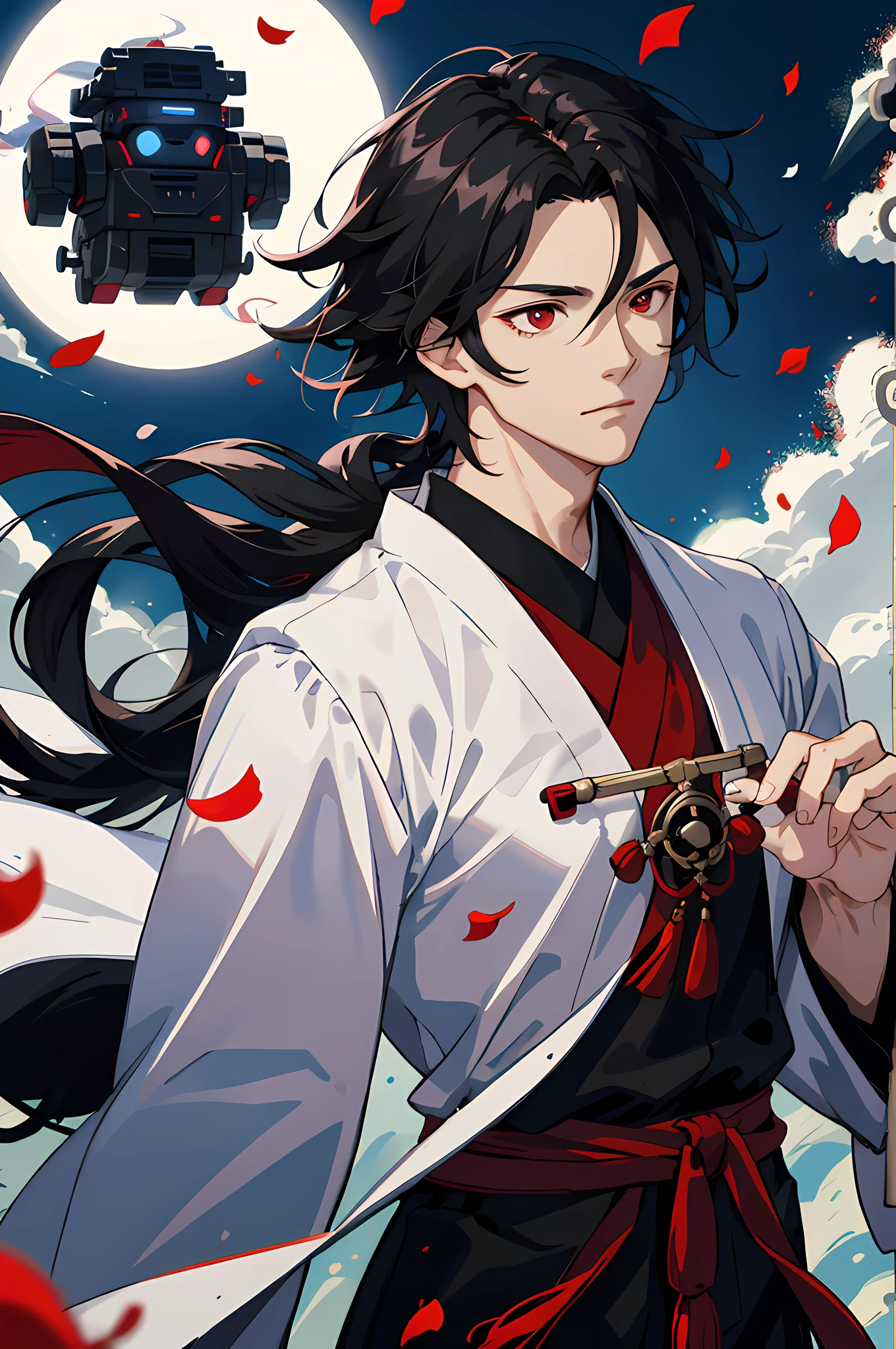 Red eyes, looking at the audience, gaze resolute