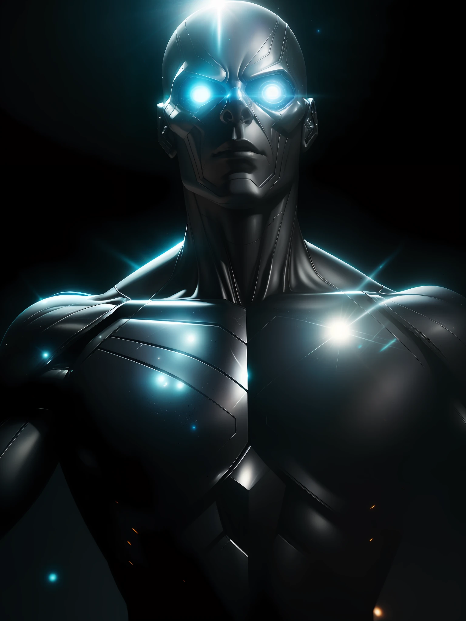 Scene from Movie, Silver Surfer from Marvel Close-Up Shot, Distorted Space, Distorted Undead in the Background, Lens Flares, Light Shafts, Intricate Details, High Detailed, Volumetric Lighting, 4k Rendering, Stock Photo, Hyper Realistic, Realistic Textures, Dramatic Lighting, Unreal Engine