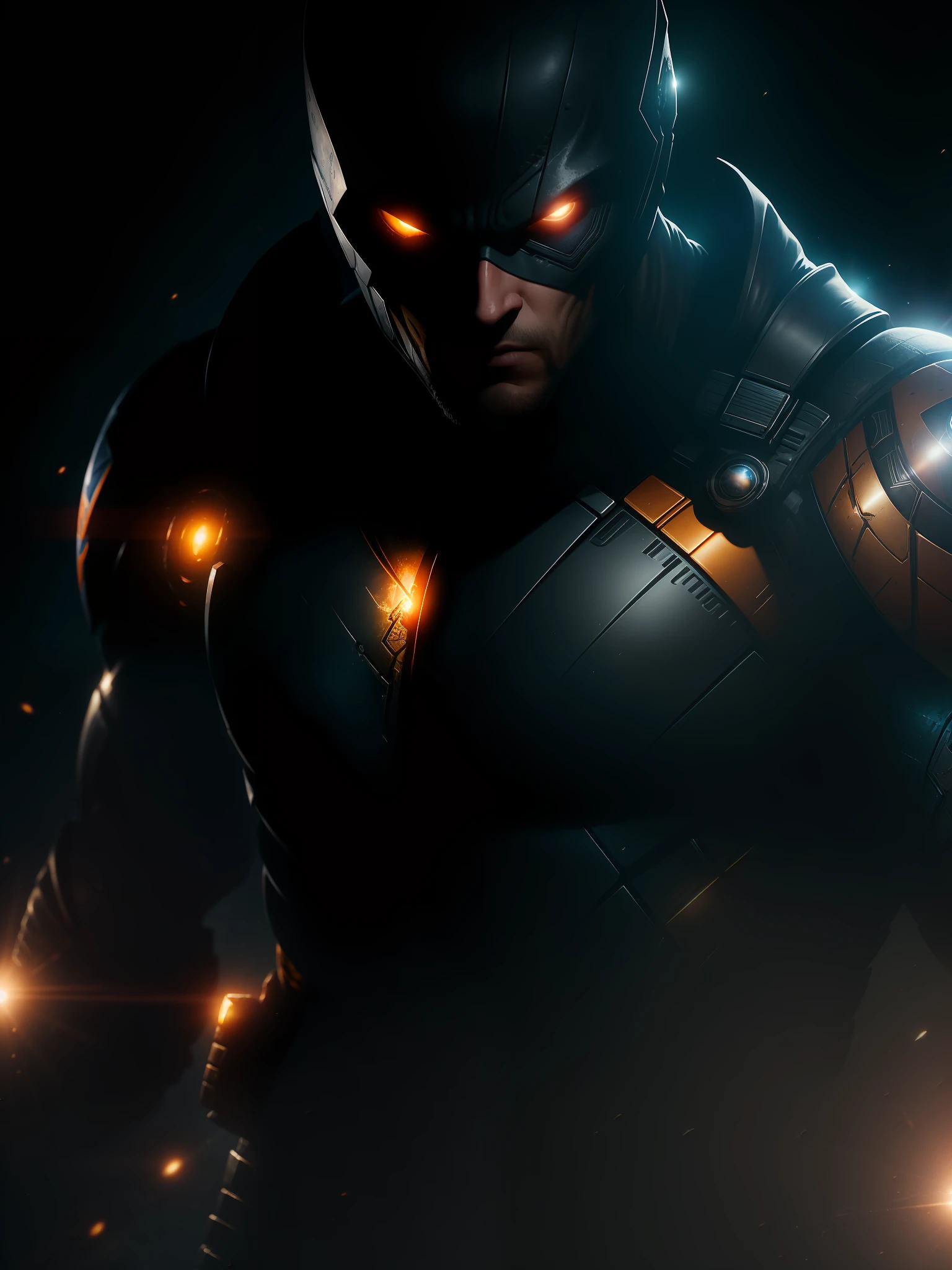 Movie scene, close-up shot of Deathstroke from DC, distorted space, distorted undead in the background, lens flares, light shafts, intricate details, high detailed, volumetric lighting, 4k rendering, stock photo, hyperrealistic, realistic textures, dramatic lighting, Unreal Engine