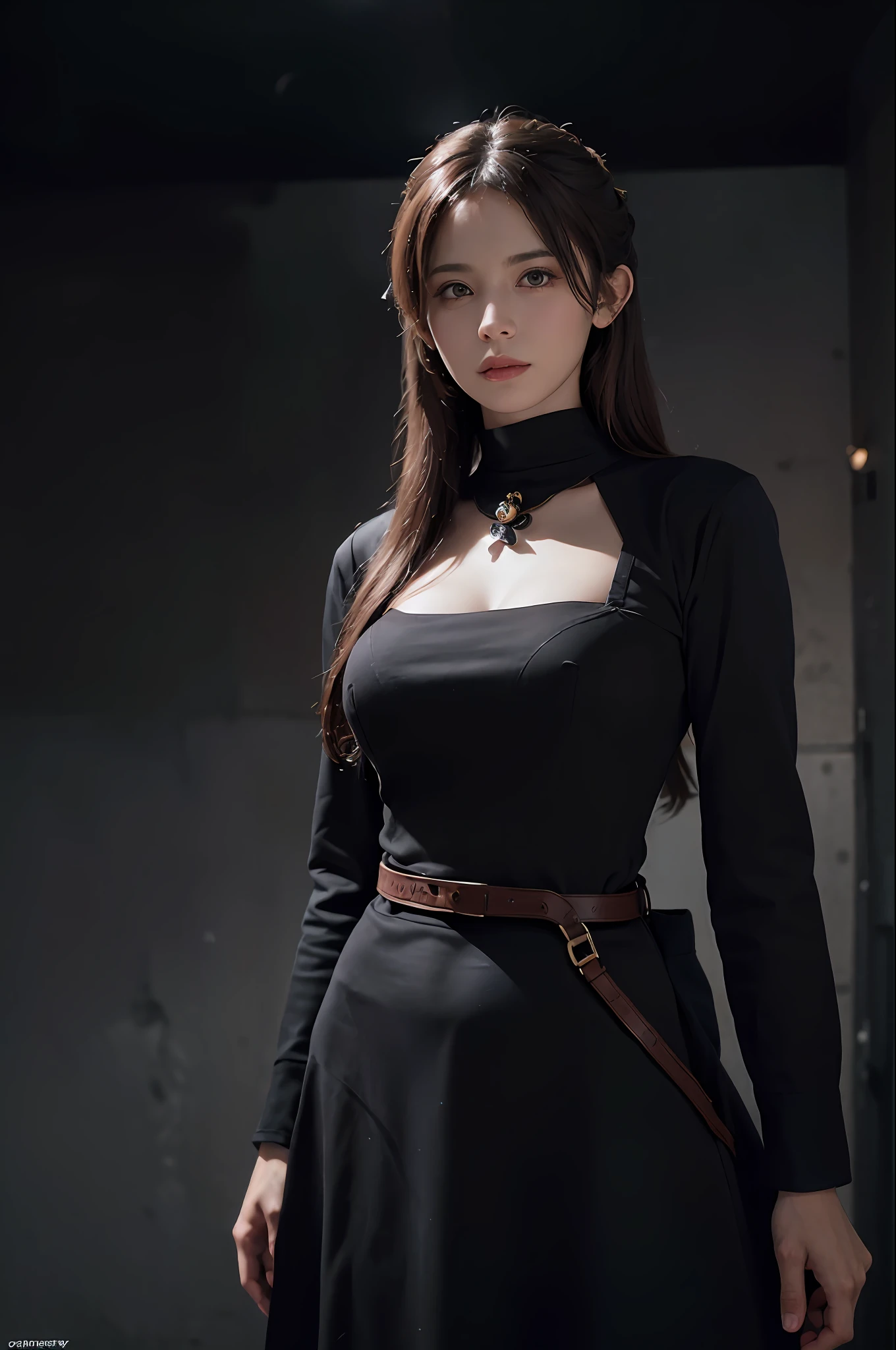 (Front Focus), (In the Dark: 1.6), Surrealist Female Portraits by David Hockney and Alphonse Mucha, Fantasy Art, Photo Realism, Dynamic Lighting, ArtStation, Poster, Volumetric Lighting, Very Detailed Faces, 4 K, Award, 1girl, In the Dark, Deep Shadow, Low Key, Cowboy Shot, (Official Uniform: 1.4), Long Hair, Gray Hair, Big Breasts, Low-cut Dress