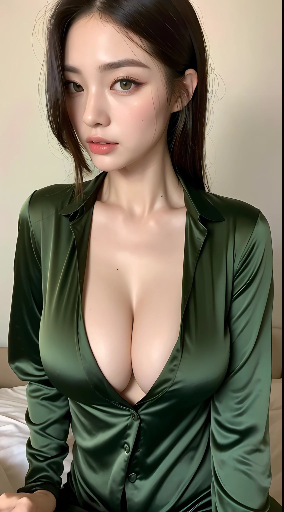 (Best Quality, 8k, 32k, Masterpiece, UHD: 1.3), Photo of Attractive Japanese Woman, Dark Green Eyes, Red Head, 1 Girl, (Big Breasts: 1.2), Abs, Perfect Body, Ultra Detailed Face, Detailed Lips, Thin Eyes, Double Eyelids, Silk Pajamas Glued to Body, On Bed,