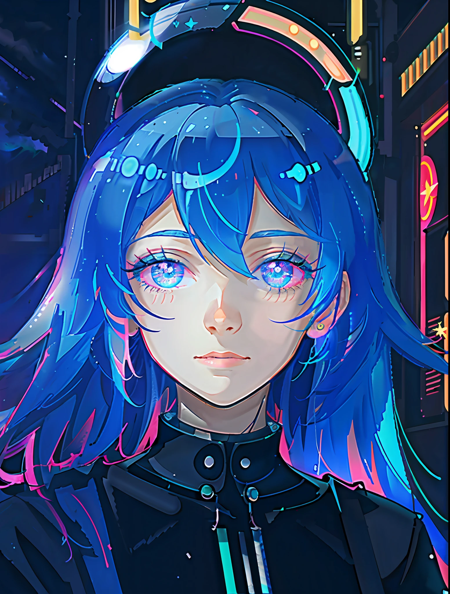 masterpiece, best quality, masterpiece, godlike quality, godlike art, highly detailed face, highly realistic, closeup, face only, cute, big eyes, long eyelashes, neon hair, neon lighting, neon eyes, neon sun, neon moon, neon theme, starry sky, stars in the background, shining halo,