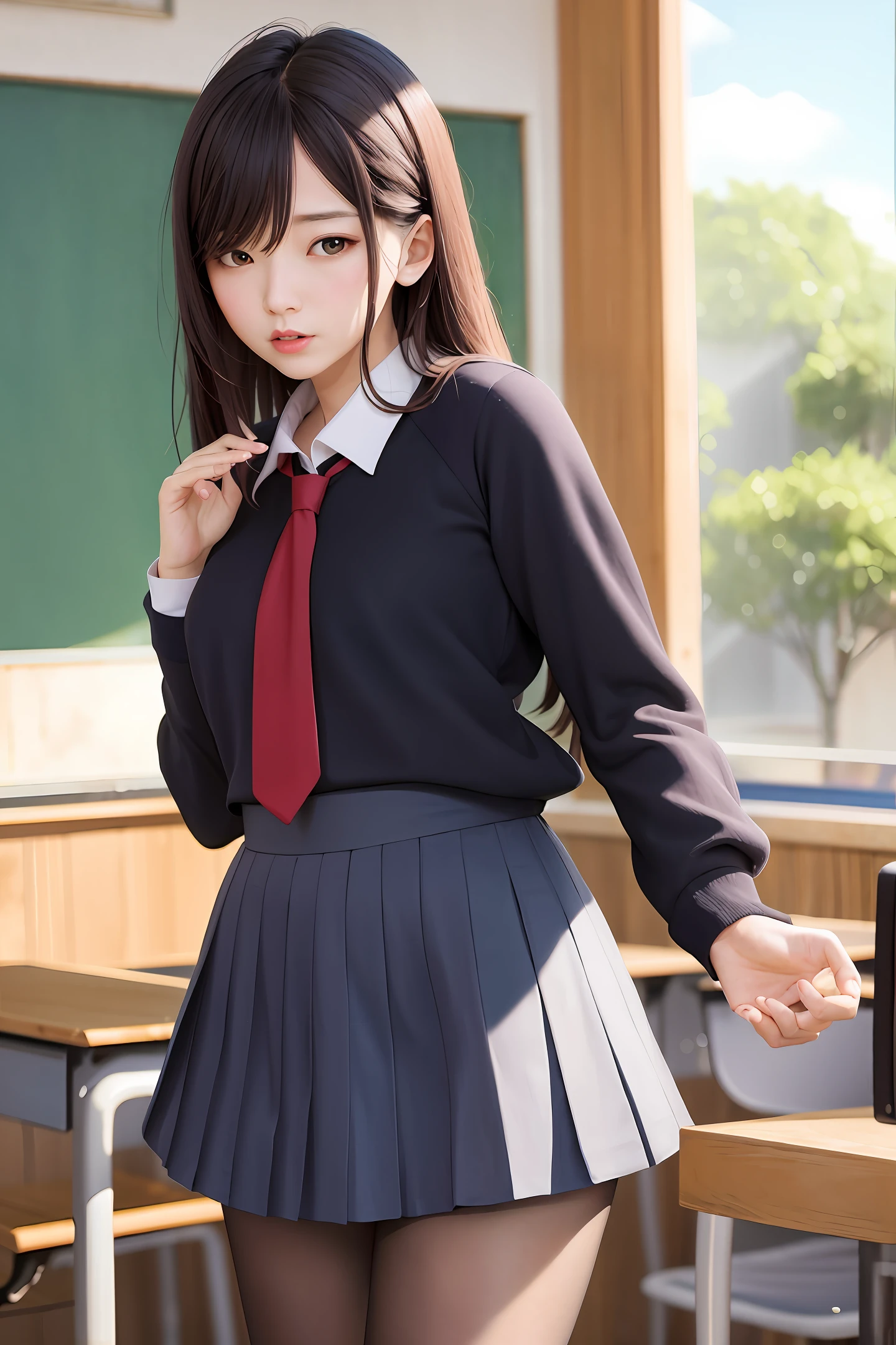Create an image of a real woman 
Japanese breasts pouted big ass with neckline in shirt and short high school skirt