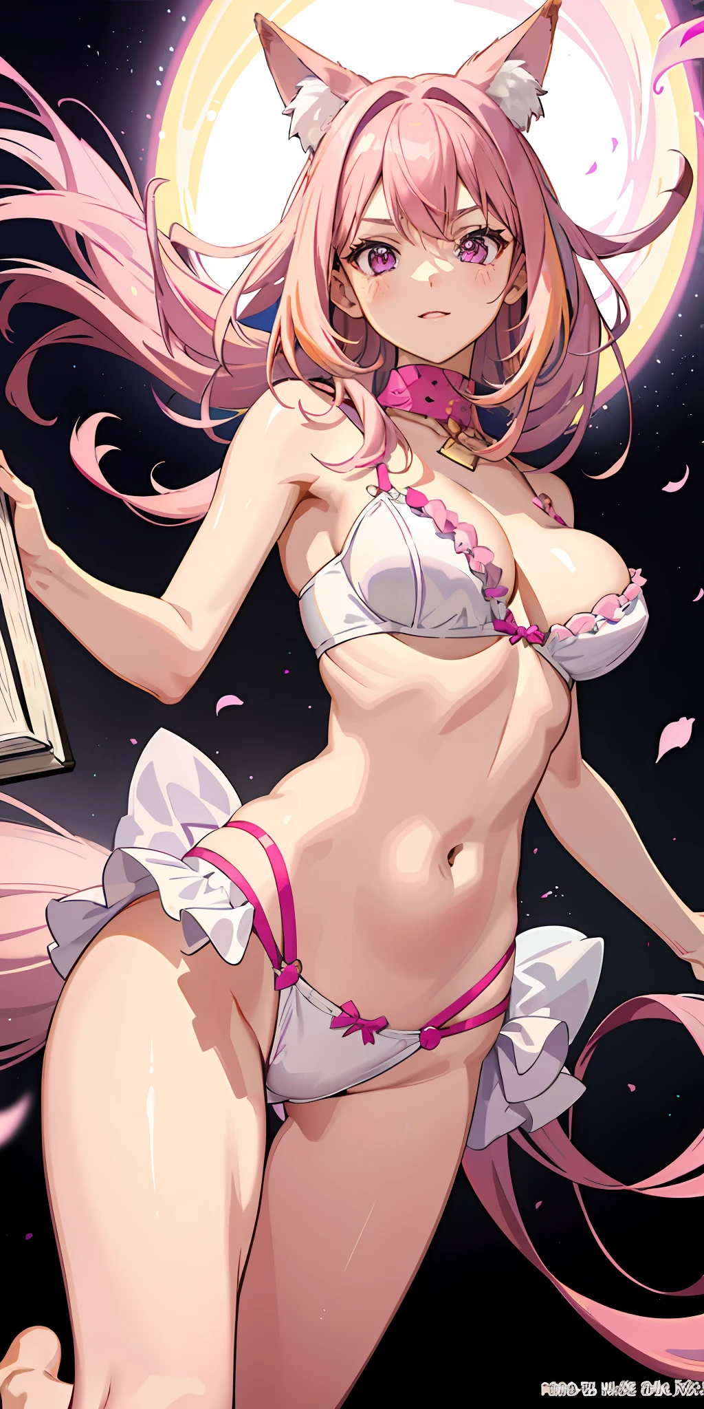 1girl, pink hair, multicolored hair(pink,purple), pink eyes, sidelighting, light particles, wallpaper, big breast,g string, small bra, dynamic pose, bring a book, pink fox ear, pink fox tail,milf body,age 30