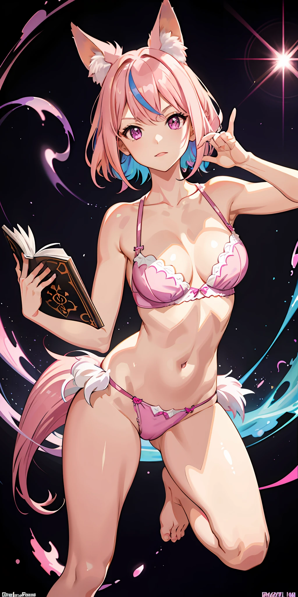 1girl, pink hair, multicolored hair(pink,purple), pink eyes, sidelighting, light particles, wallpaper, big breast,g string, small bra,  dynamic pose, bring a book, pink fox ear, pink fox tail,milf body,age 30