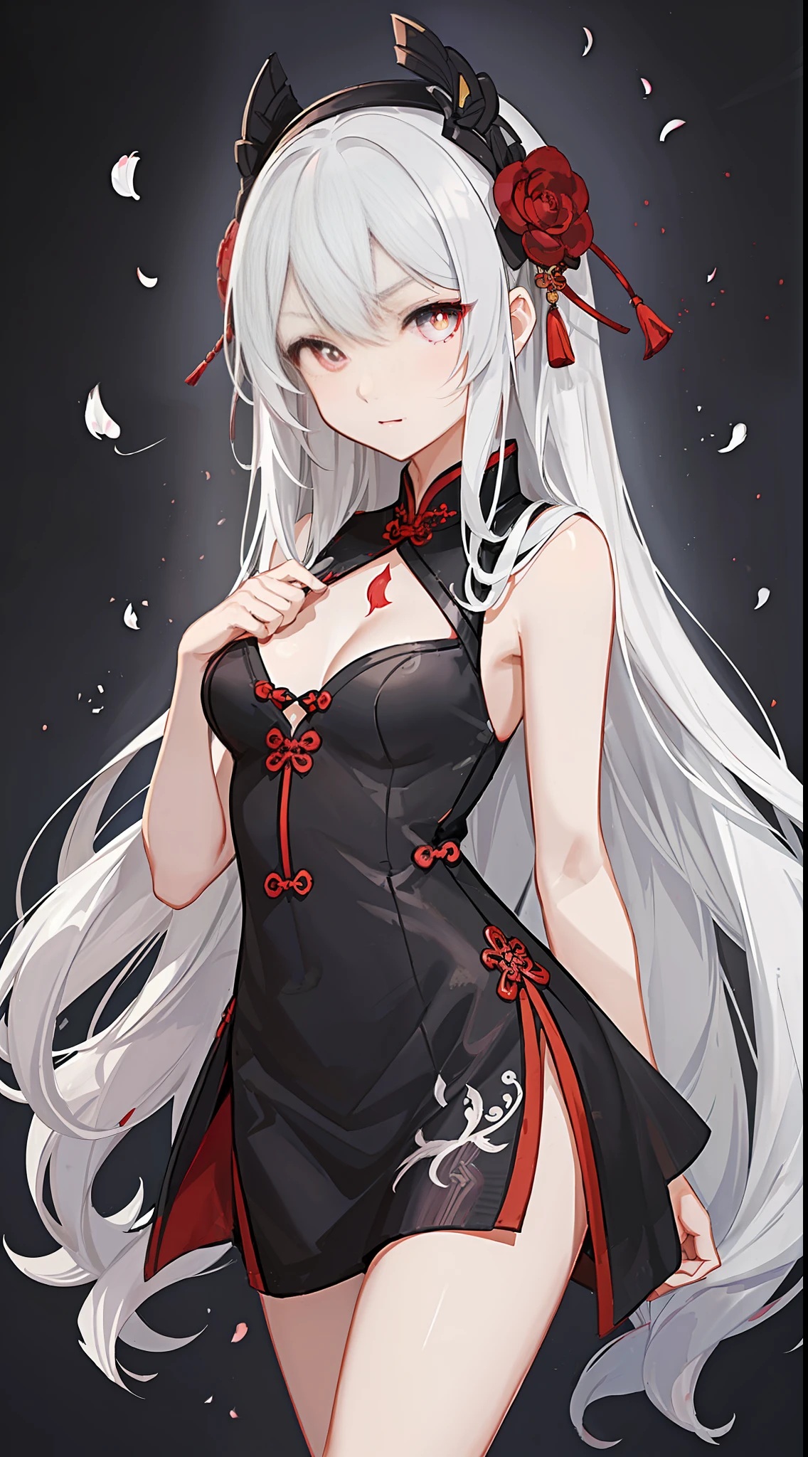 (((flat chest))), antique style, ((HD)), black cheongsam, white hair, full body photo, anime style, ((black background)), (4k), (white pupils), (((expressionless))), girl, three no attributes, white eyes, (white eyes), colored inner hair_red
