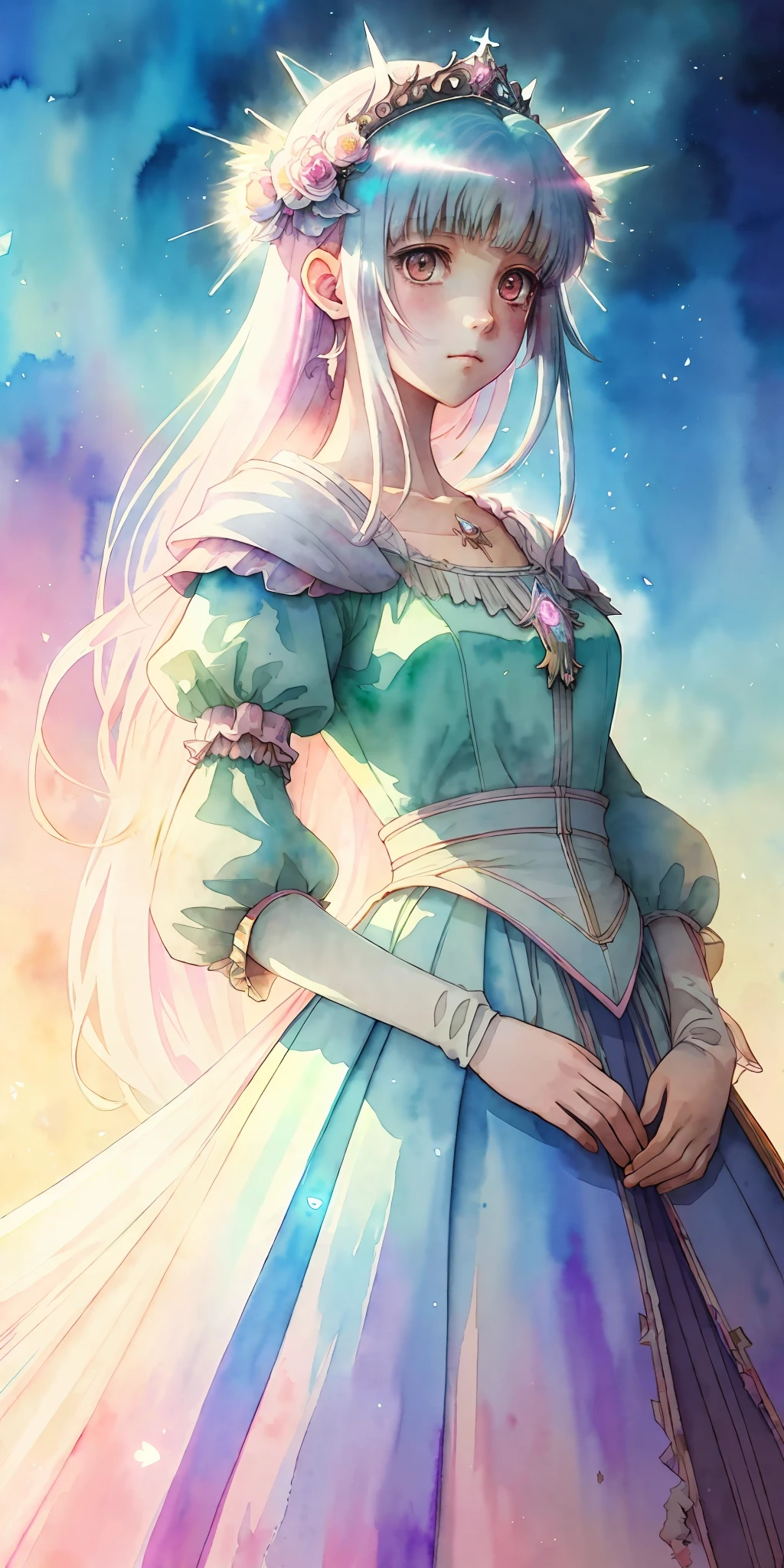 perfectly structured, (watercolor), digital illustration, anime style, a dirty, the immaculate (princess of light:1.3), highly detailed, volumetric lighting, kawaii pastel colors, dynamic composition, sharp and crisp image, (delicate, sublime:1.2), beautiful beyond words,