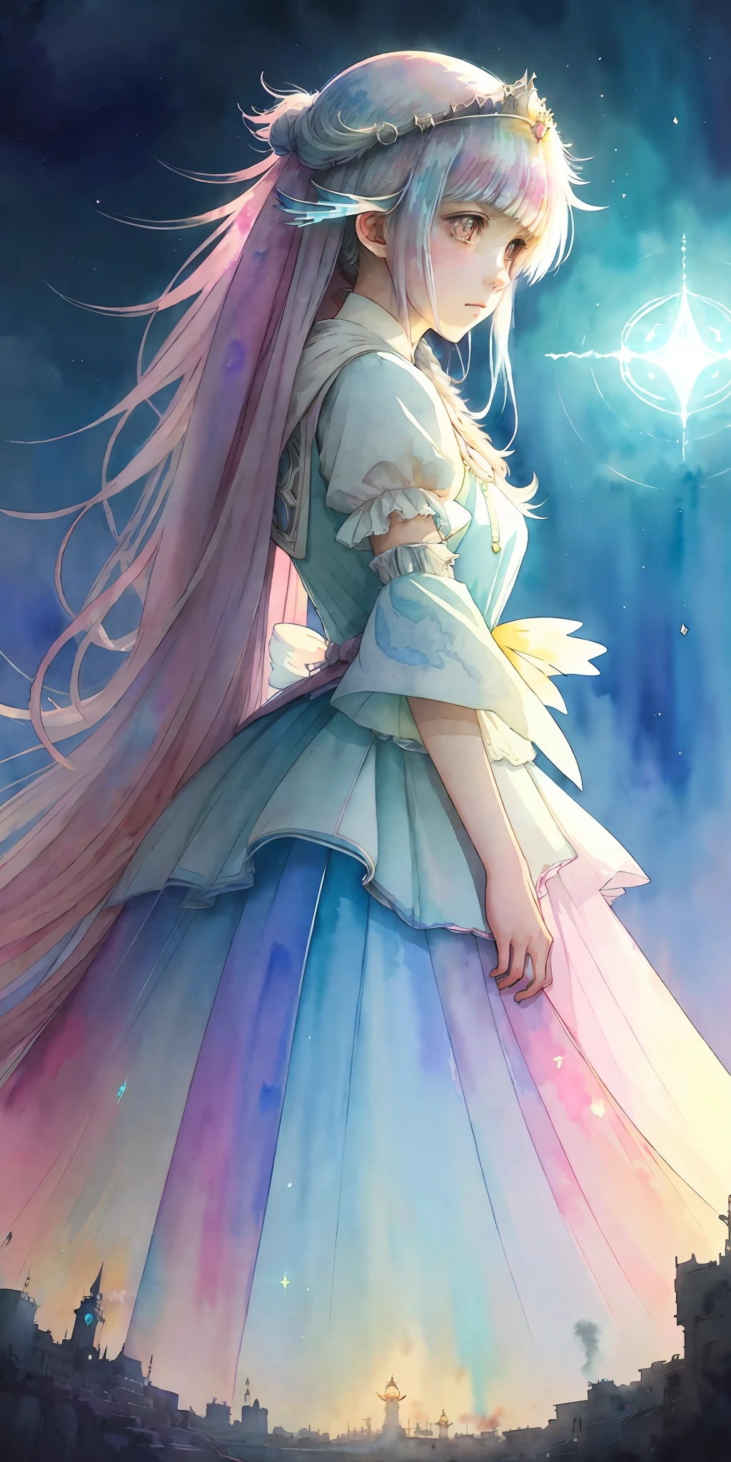 perfectly structured, (watercolor), digital illustration, anime style, a dirty, the immaculate (princess of light:1.3), highly detailed, volumetric lighting, kawaii pastel colors, dynamic composition, sharp and crisp image, (delicate, sublime:1.2), beautiful beyond words,