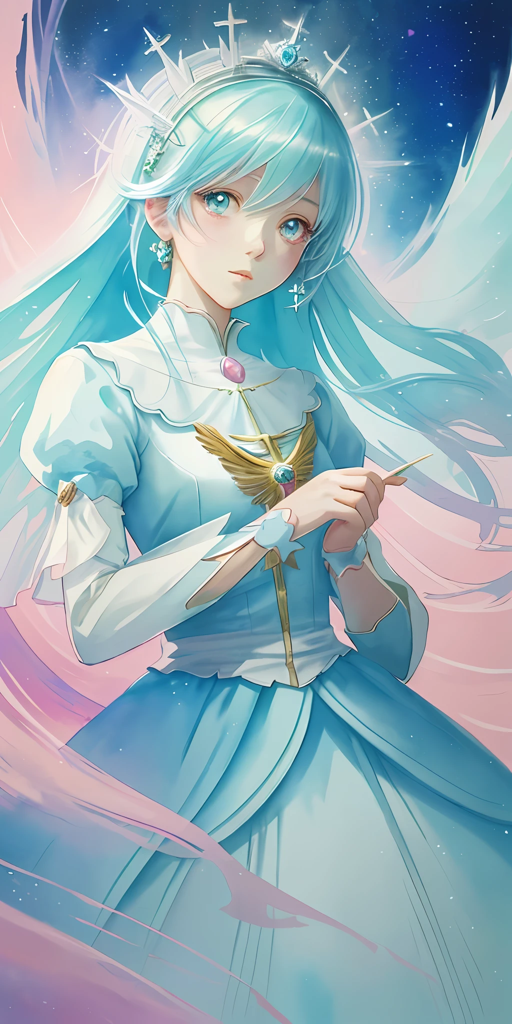 perfectly structured, watercolor, digital illustration, anime style, the immaculate princess of light, highly detailed, volumetric lighting, kawaii pastel colors, dynamic composition, sharp and crisp image, delicate, sublime, beautiful beyond words,
