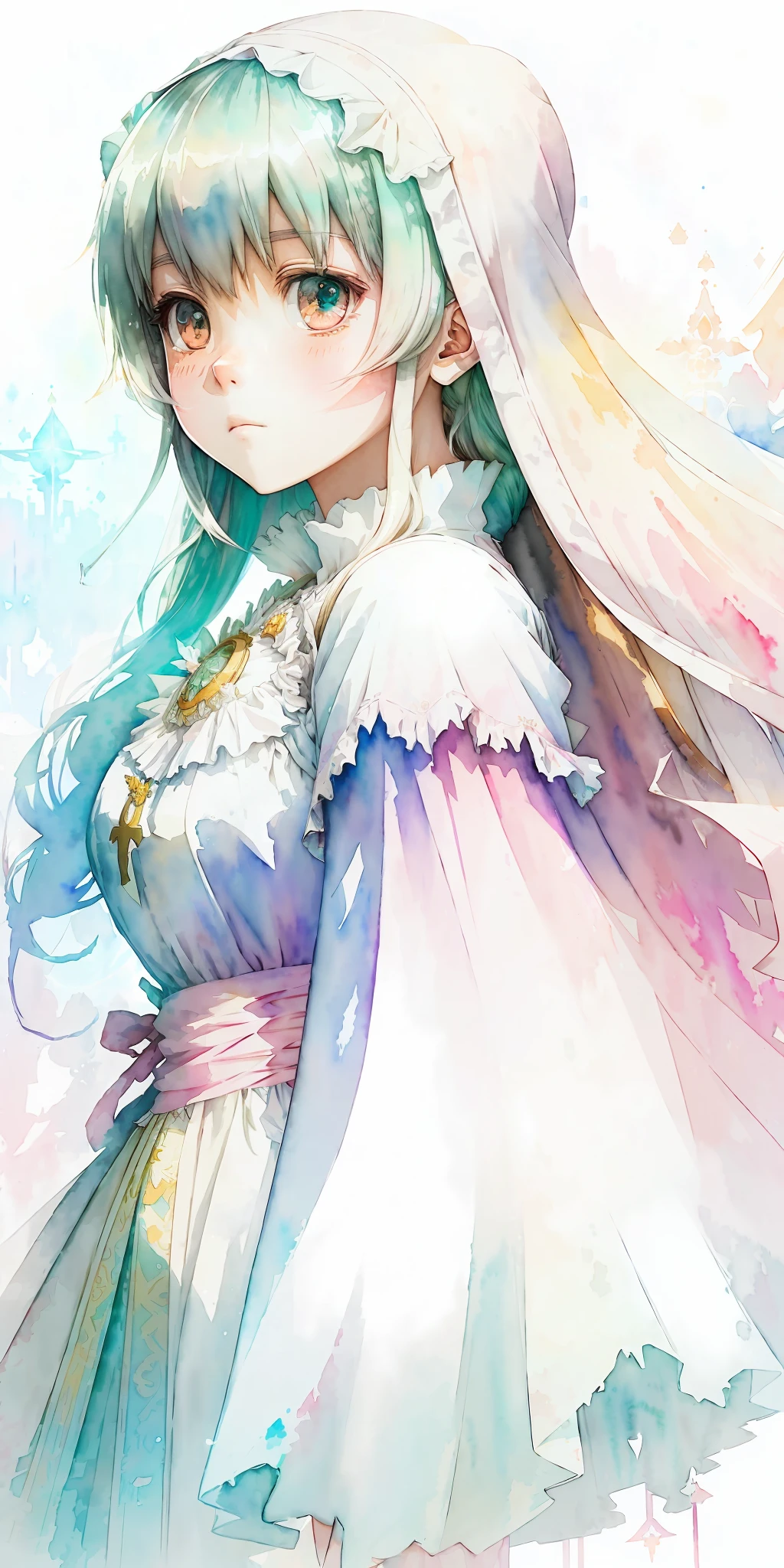 perfectly structured, (watercolor), digital illustration, anime style, a dirty, the ((immaculate)) princess of light, highly detailed, volumetric lighting, kawaii pastel colors, dynamic composition, sharp and crisp image, (delicate, sublime:1.2), beautiful beyond words,