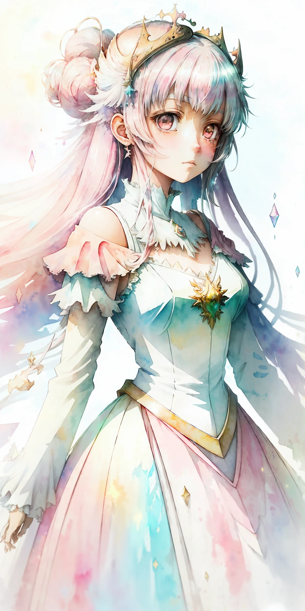 perfectly structured, (watercolor), digital illustration, anime style, a dirty, the immaculate (princess of light:1.3), highly detailed, volumetric lighting, kawaii pastel colors, dynamic composition, sharp and crisp image, (delicate, sublime:1.2), beautiful beyond words,