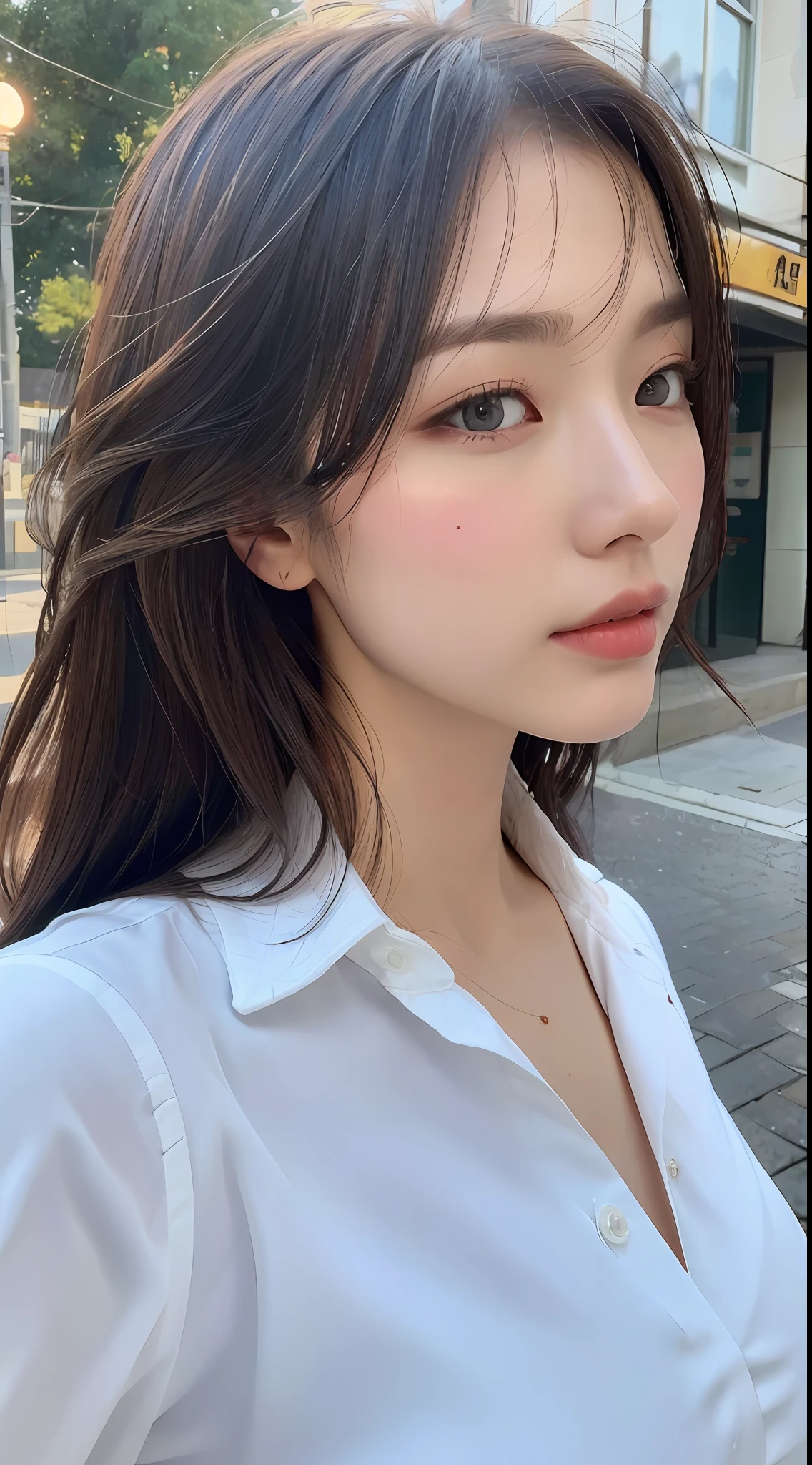 ((Best Quality, 8K, Masterpiece: 1.3)), Sharp: 1.2, Perfect Body Beauty: 1.4, Slim Abs: 1.2, ((Layered Hairstyle, Big Breasts: 1.2)), (Wet White Button Long Shirt: 1.1), (Rain, Street: 1.2), Wet: 1.5, Highly detailed face and skin texture, detailed eyes, double eyelids, side face looking at the camera