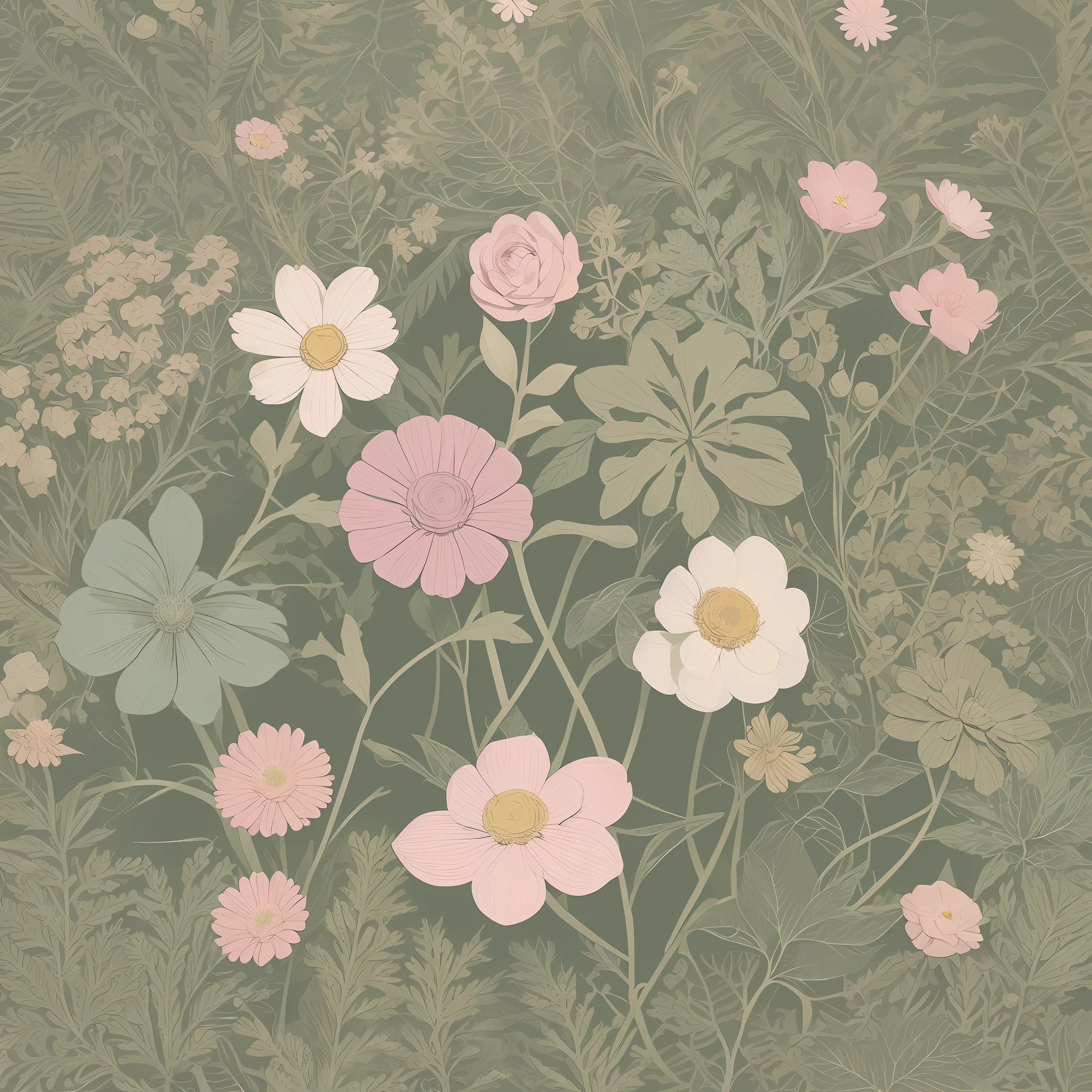 Small flower pattern label style, flat style, vector style, drawing style, naïve style, in very soft pastel colors such as old pink, moss green, light blue, beige, light yellow, pastel white. WHITE BACKGROUND